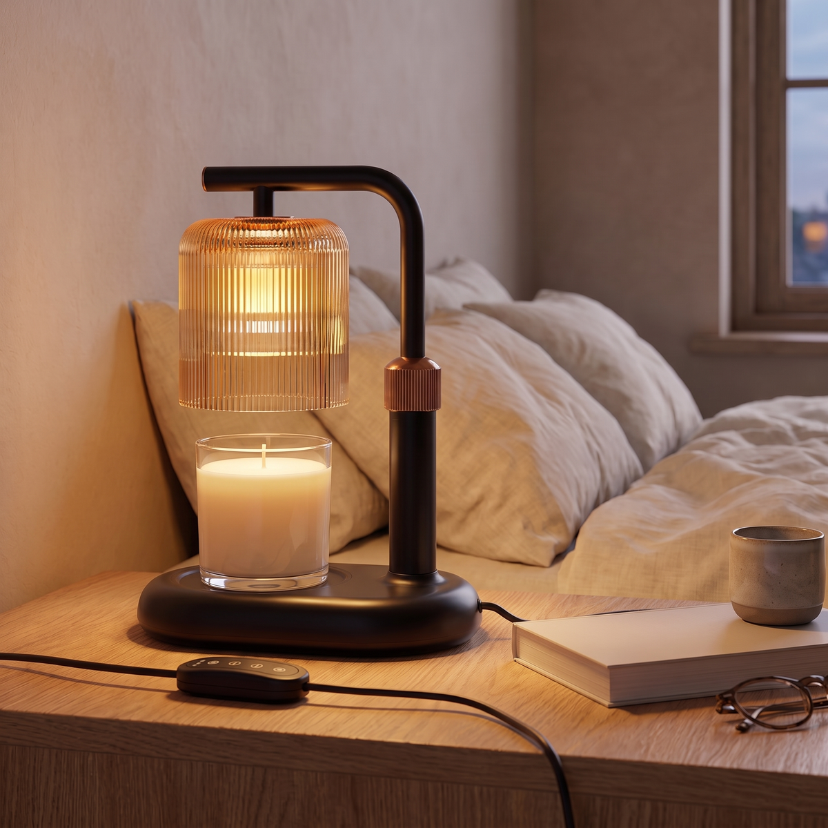 50W Candle Warmer Lamp – EU Plug – warm bedroom bedside setting with unlit candle