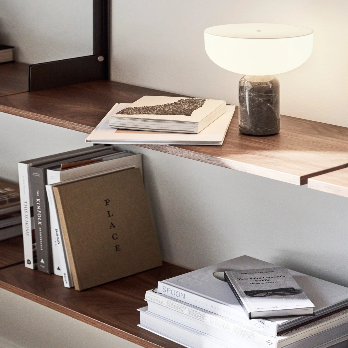 Books stacked on a wooden shelf with a lamp in the background