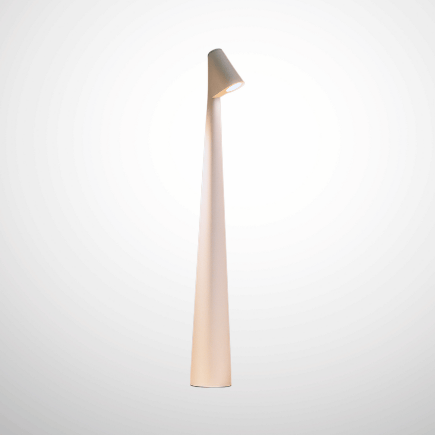 Tall, thin lamp with a cylindrical design on a light gray background