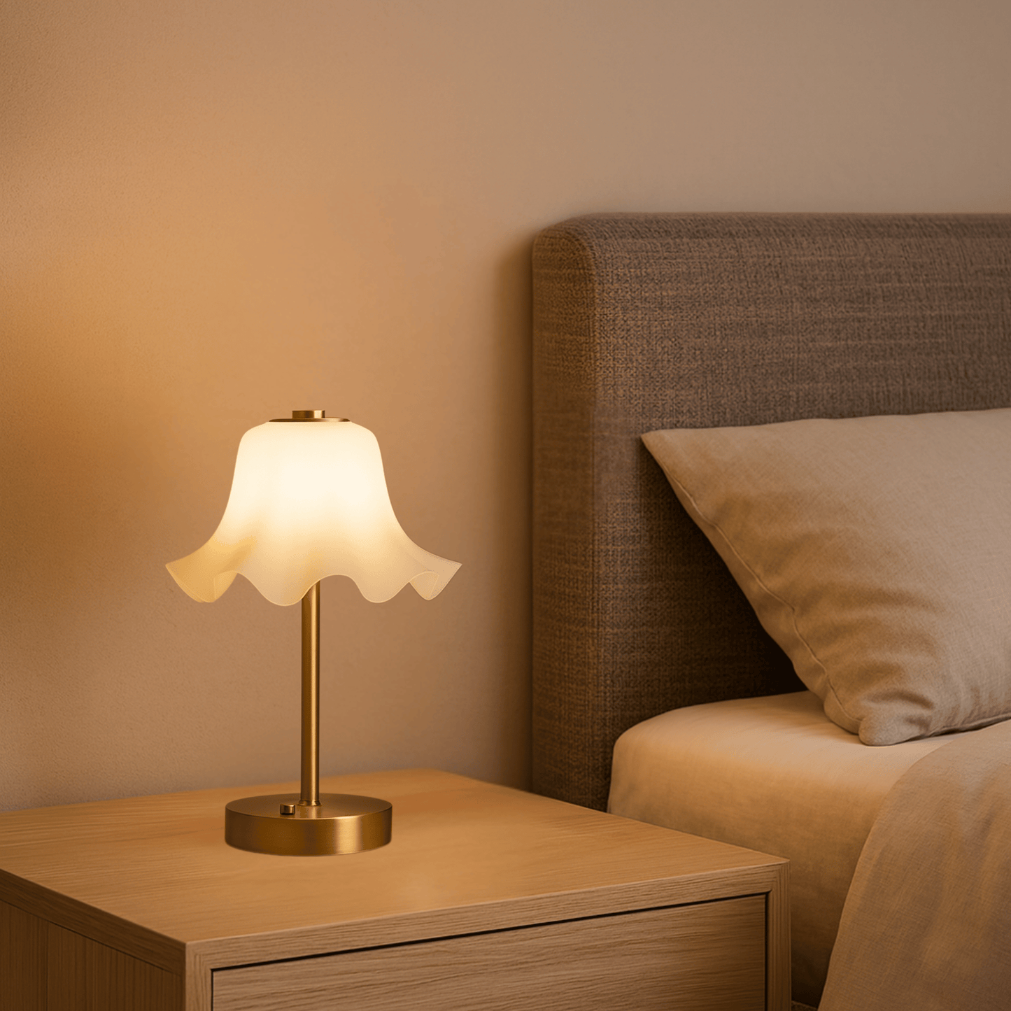 Lamp on a nightstand next to a bed with a beige headboard and pillow.
