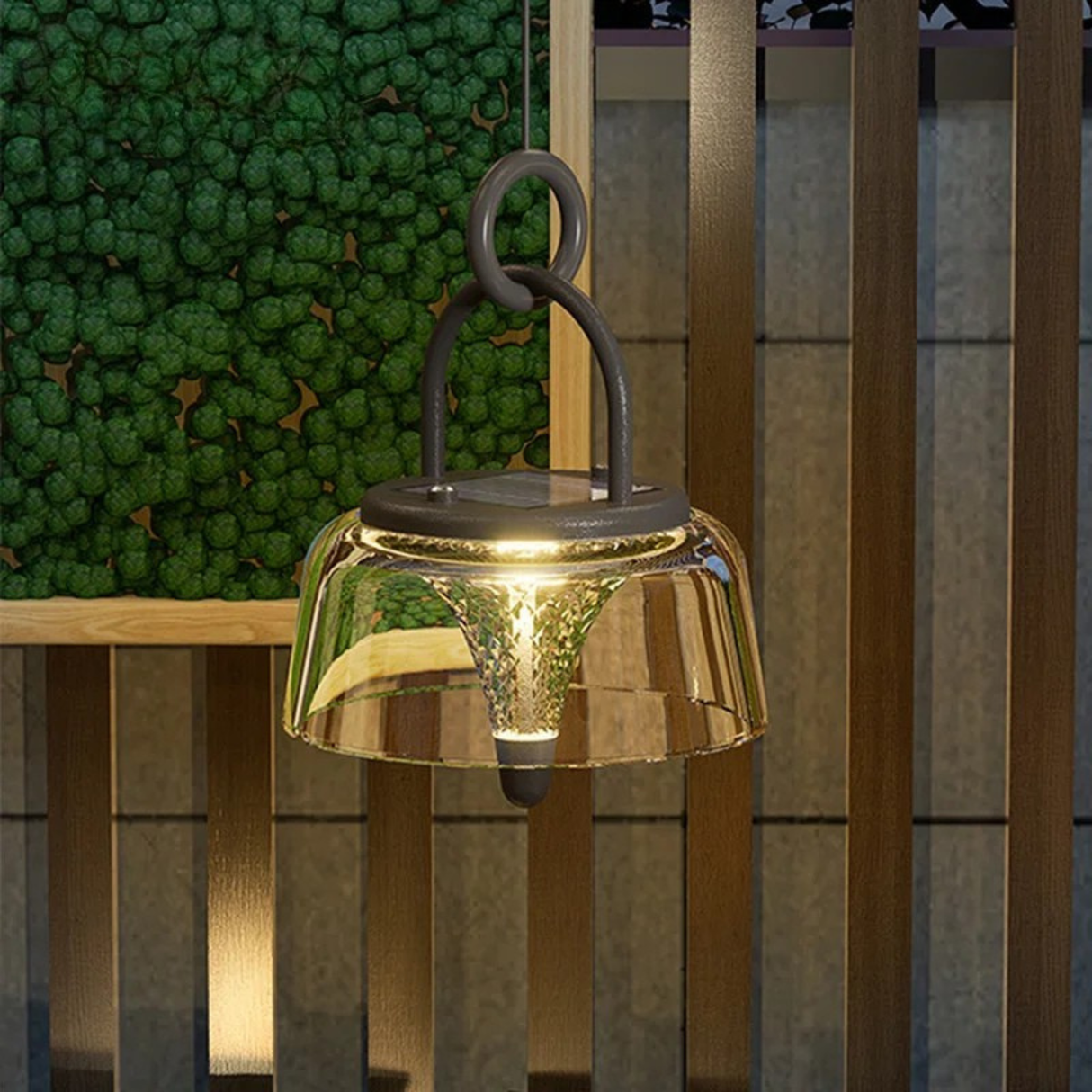Close-up of a glowing glass lantern hanging beside a wooden panel