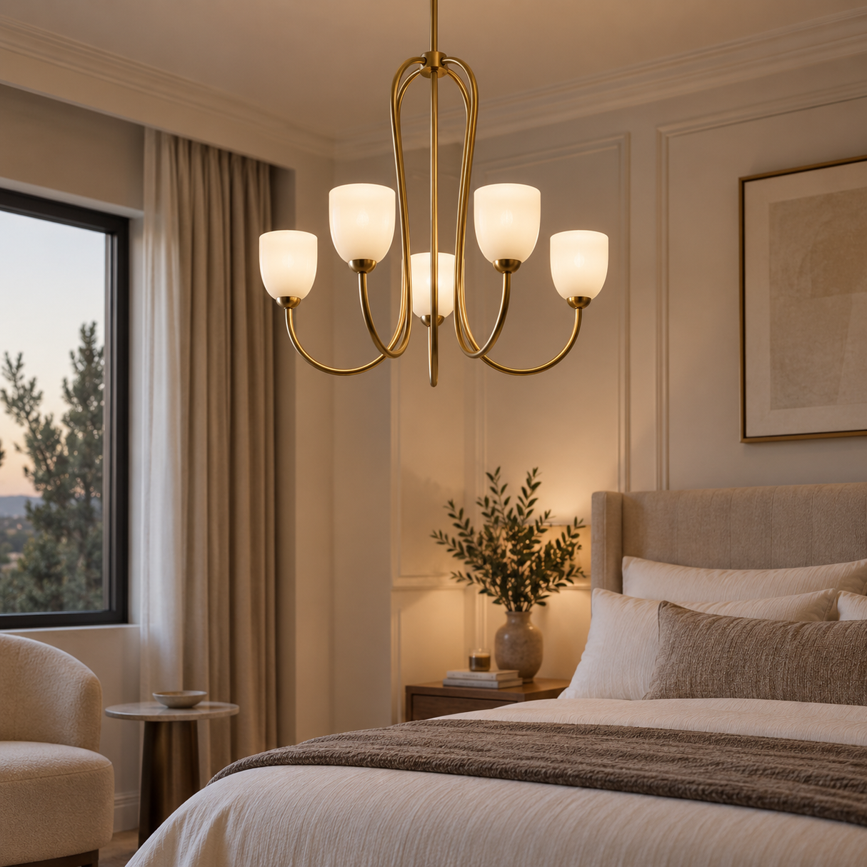 A modern six-light brass chandelier with frosted glass shades hangs in a beautifully styled, warm-toned bedroom with beige walls, a bed, and a window.