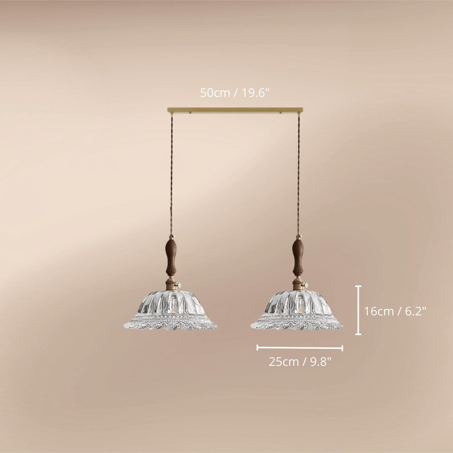 Elegant Walnut and Brass Pendant Light – LED Kitchen Pendant Lighting for Dining and Island, Adjustable Height Hanging Lamp 2 dimensions.