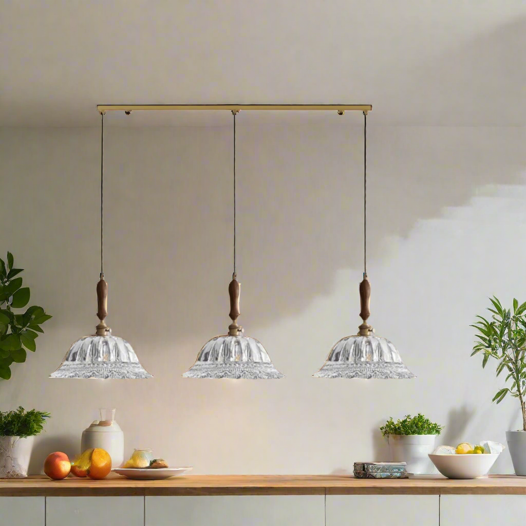 Three pendant lights with wooden fixtures on a beige background
