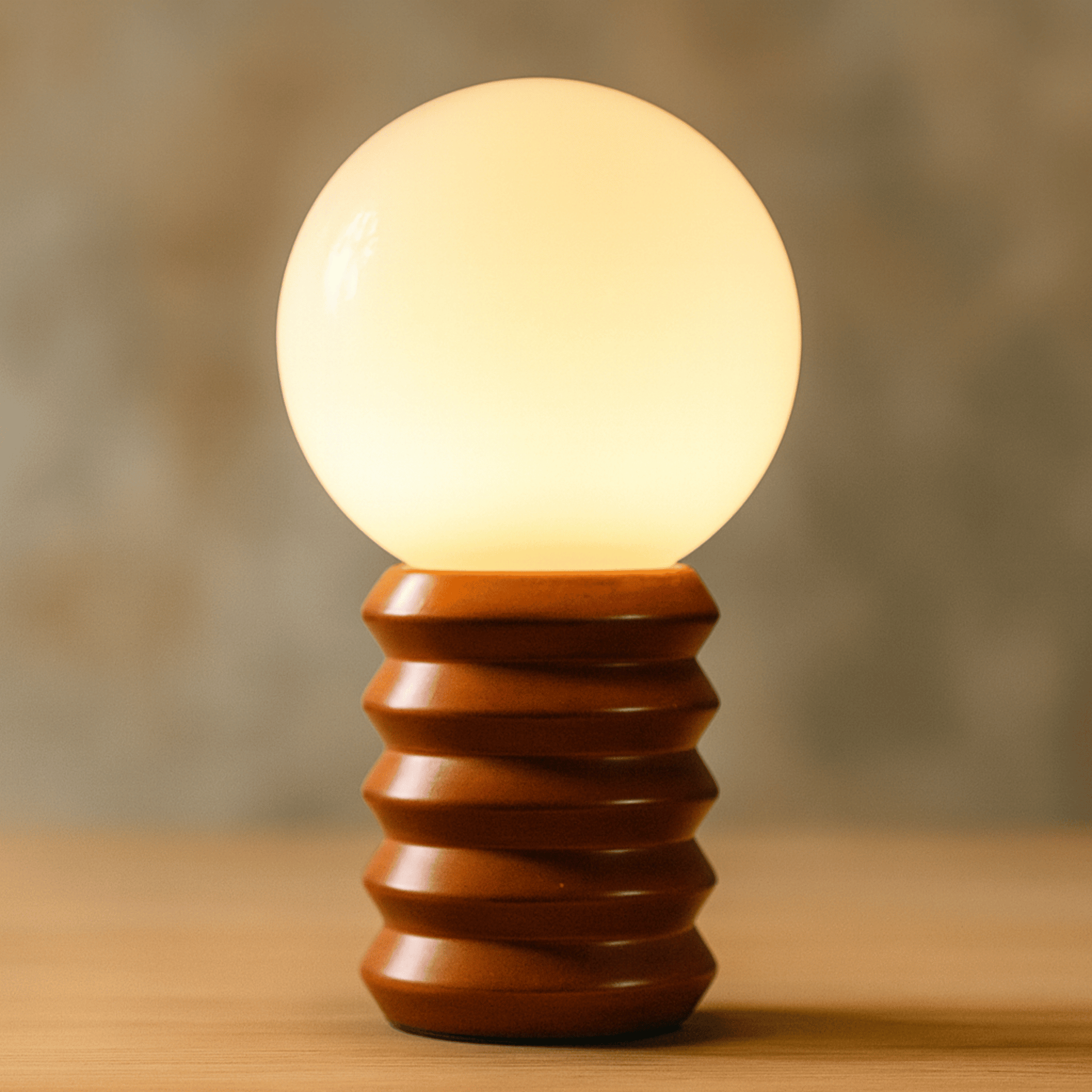 Light bulb on a wooden base with a blurred background