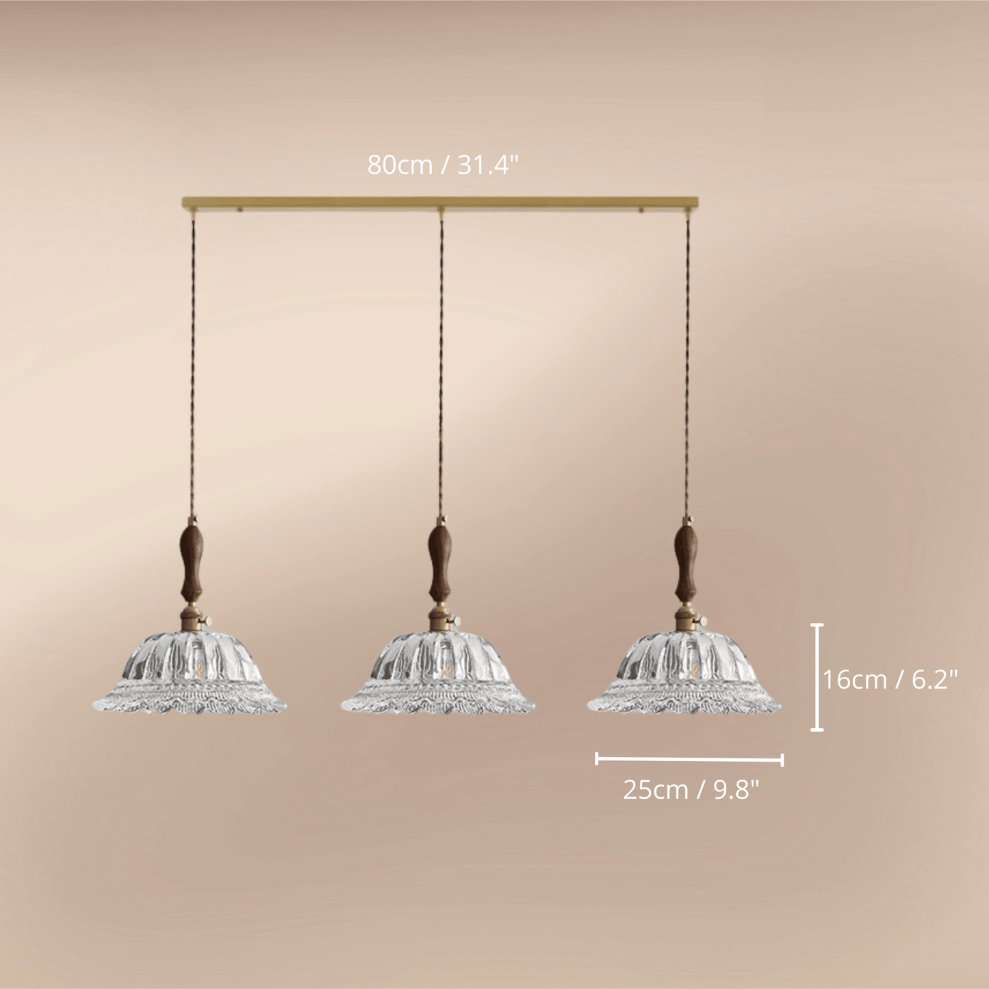 Elegant Walnut and Brass Pendant Light – LED Kitchen Pendant Lighting for Dining and Island, Adjustable Height Hanging Lamp 3 dimensions.