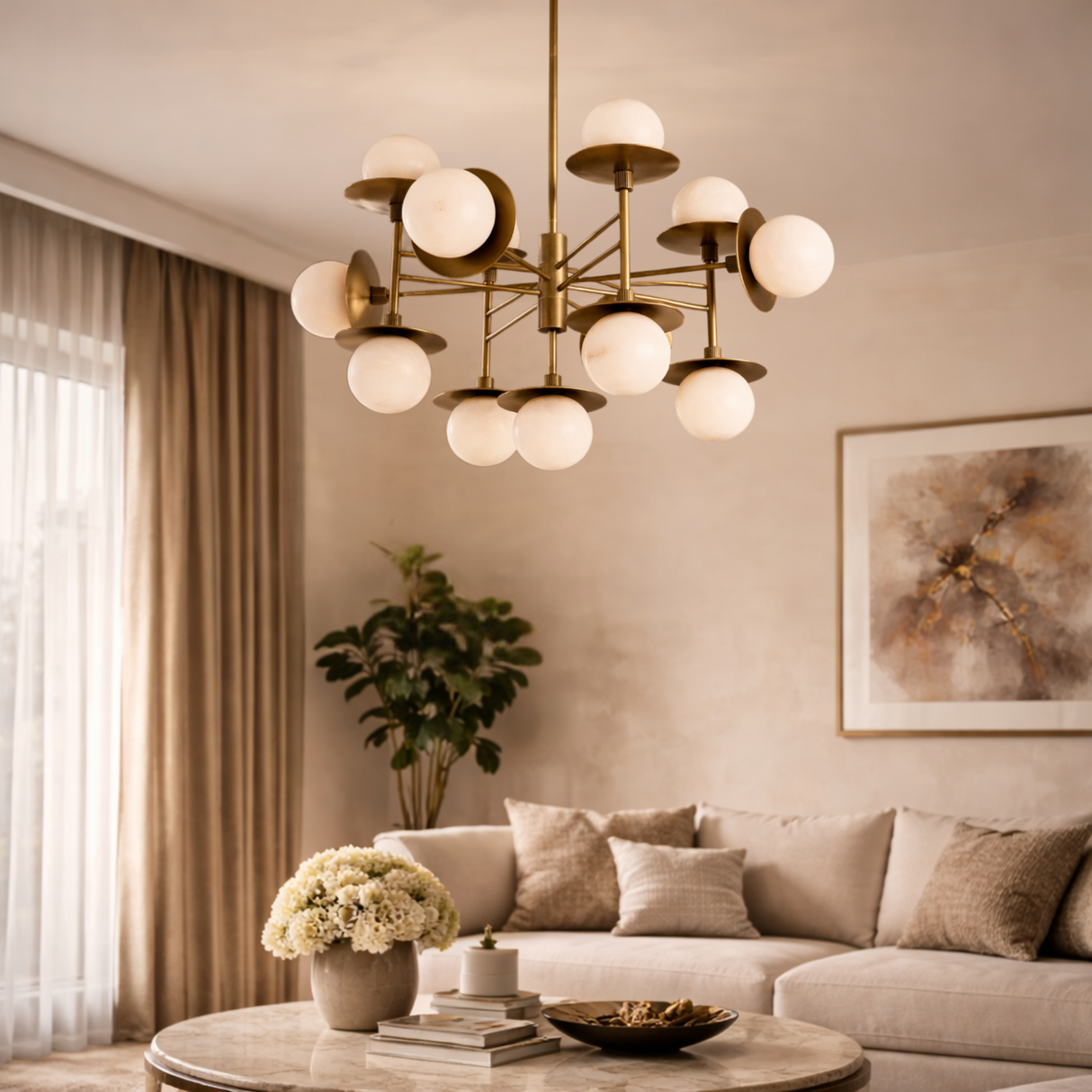 Modern living room with a chandelier, sofa, and decorative elements.