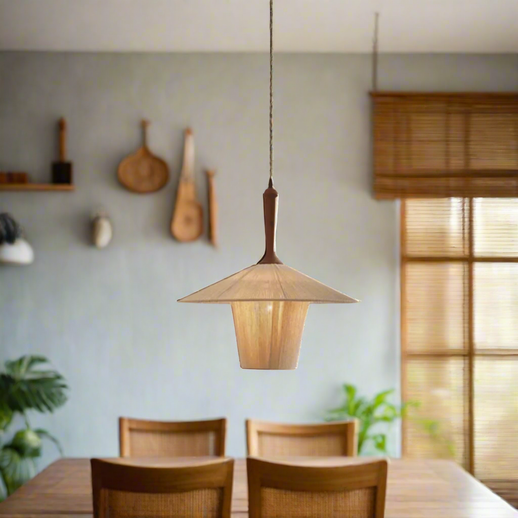 Hand Knitted Cotton Thread Pendant Light with Solid Wood Base – Zen Art Kitchen Pendant Lighting for Serene Ambiance 40cm.