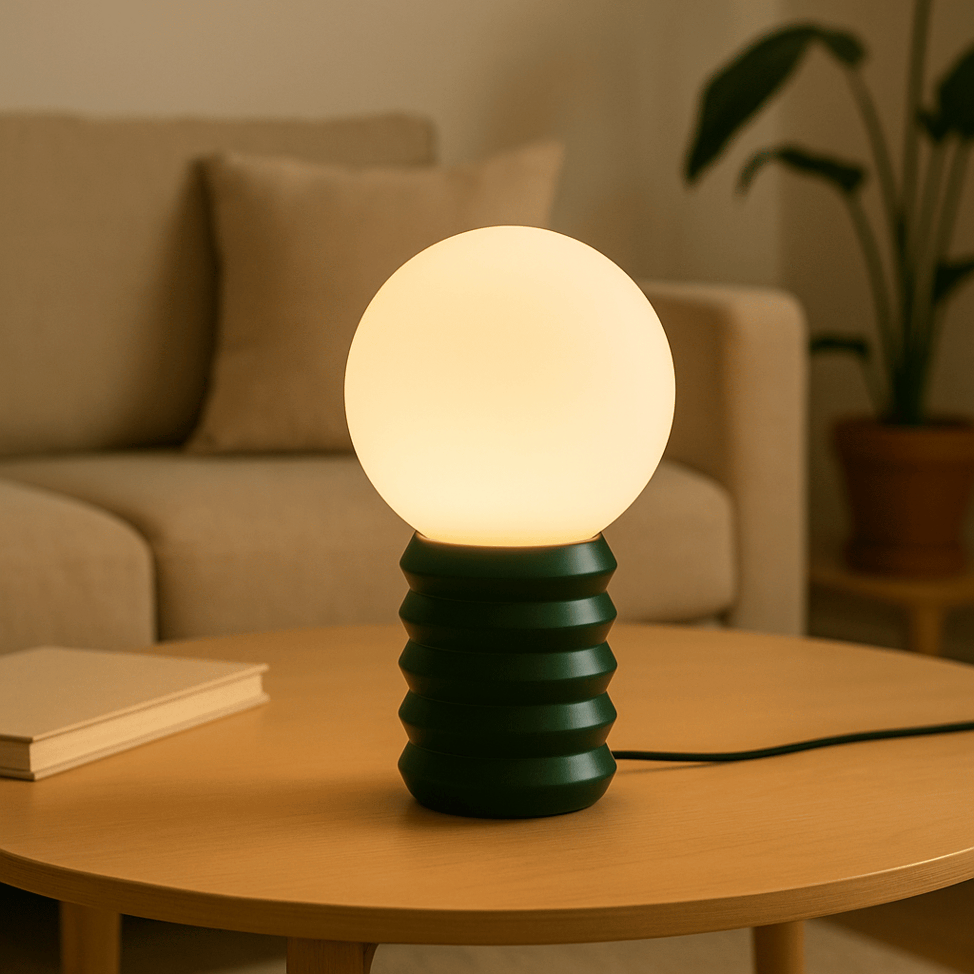 Table lamp with a green base on a wooden table in a cozy living room setting.