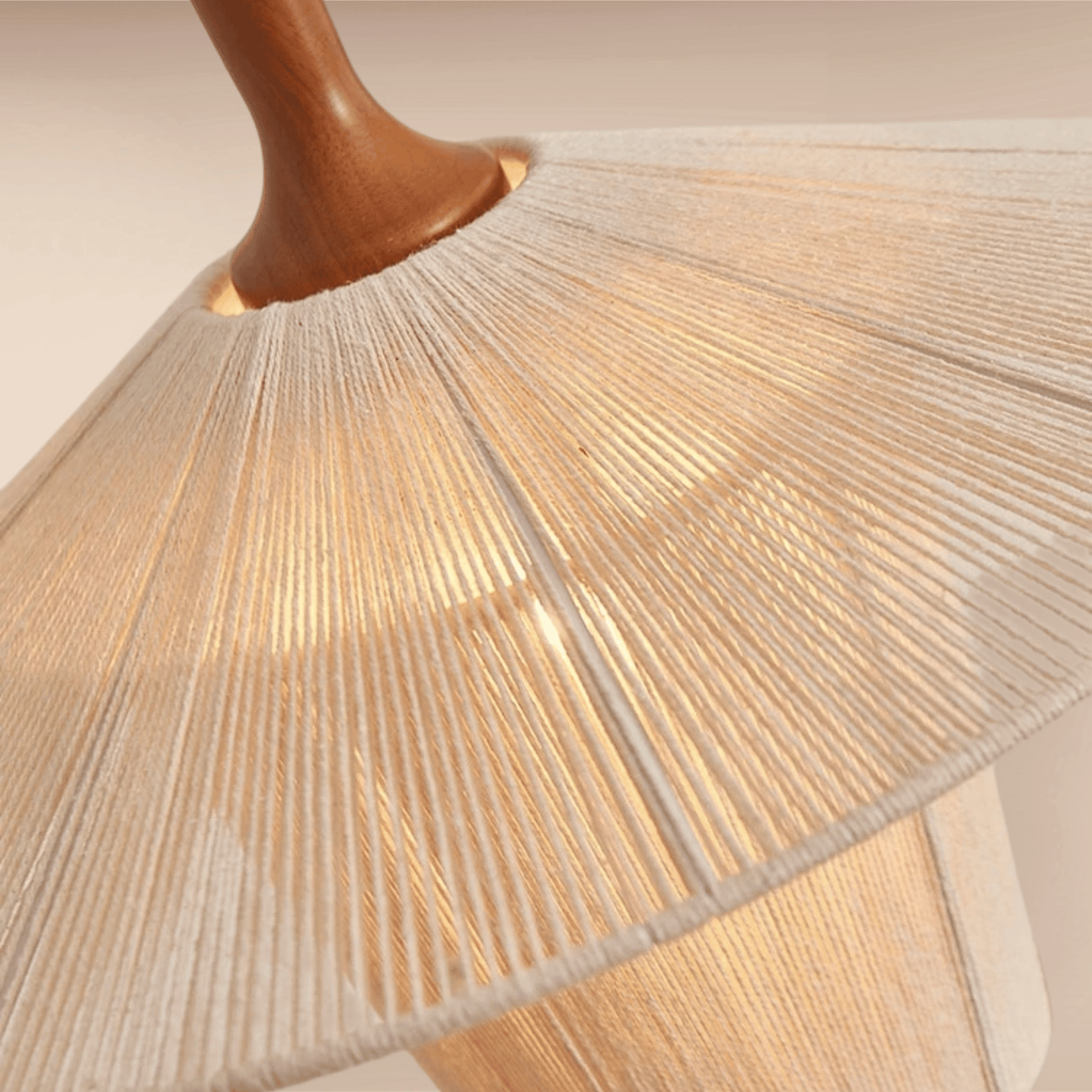 Close look Hand Knitted Cotton Thread Pendant Light with Solid Wood Base .