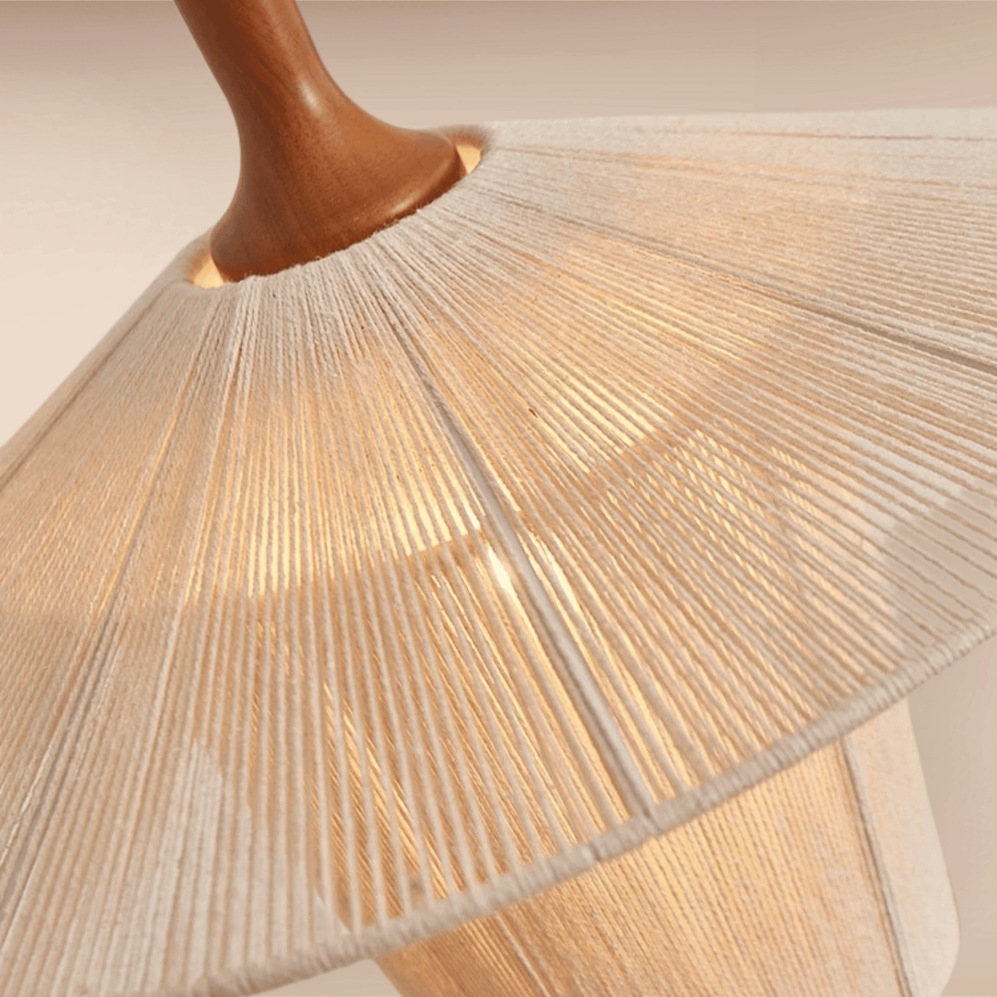 Close look Hand Knitted Cotton Thread Pendant Light with Solid Wood Base .