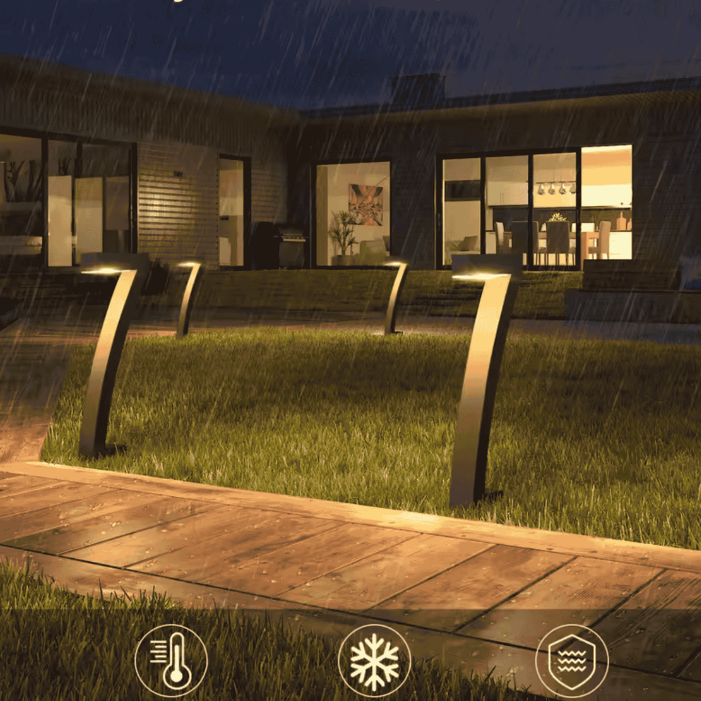 Modern outdoor setting with decorative lights on a house exterior during rain.