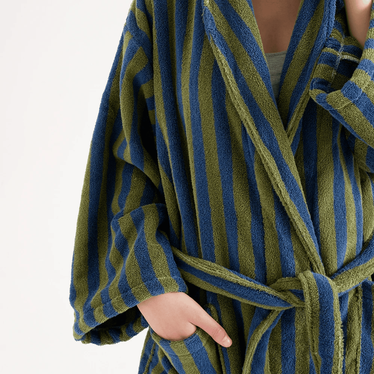 Green and blue striped robe on a white background