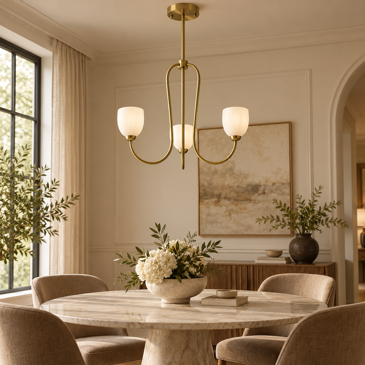 A modern three-light brass chandelier with frosted glass shades hangs over a round marble dining table in a beautifully styled, warm neutral-toned dining room.