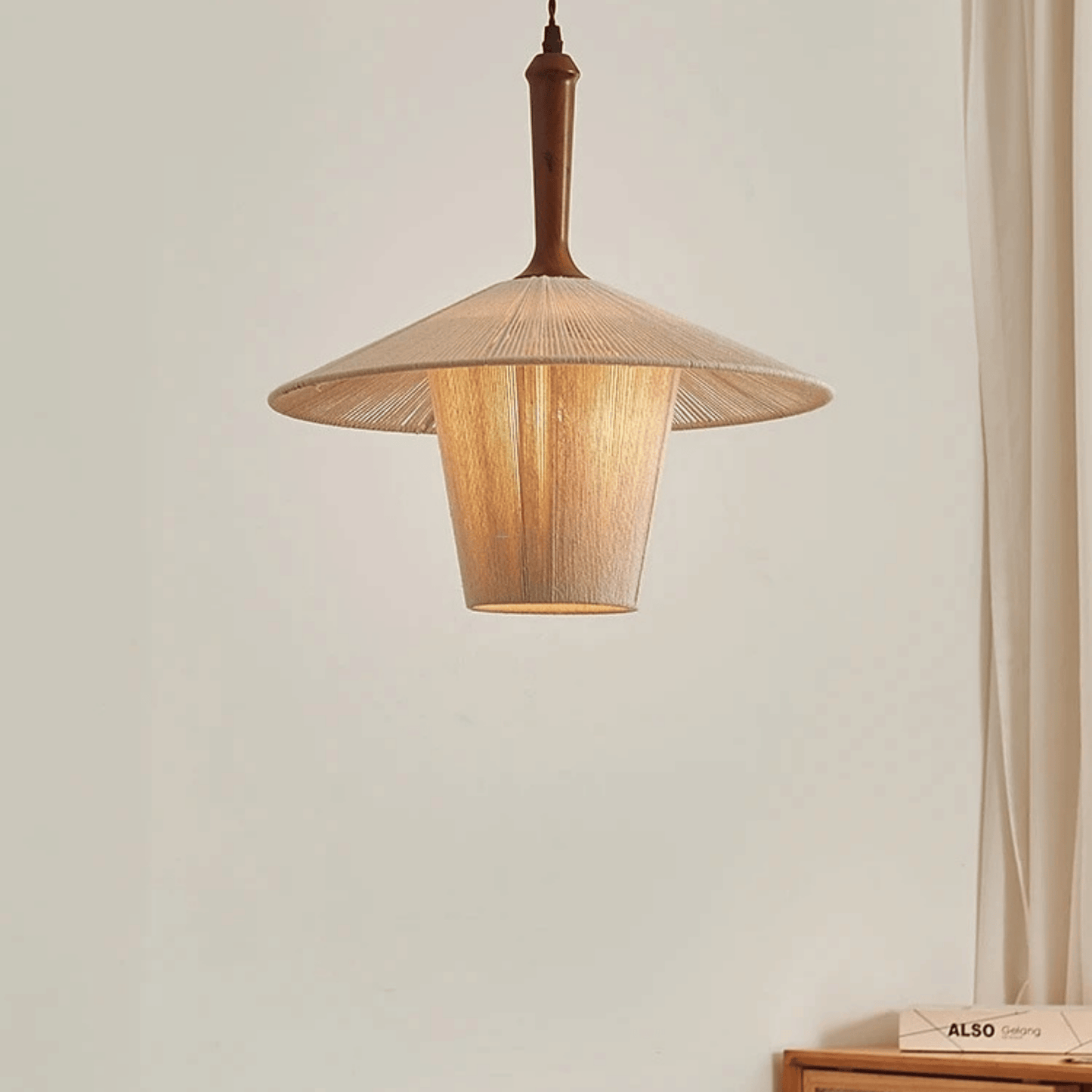 Hand Knitted Cotton Thread Pendant Light with Solid Wood Base – Zen Art Kitchen Pendant Lighting for Serene Ambiance close look.