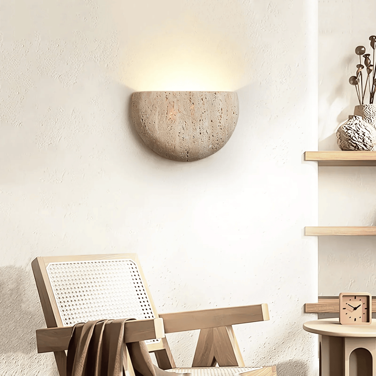 Wooden chair with woven backrest next to a wall-mounted light fixture and small table with clock.