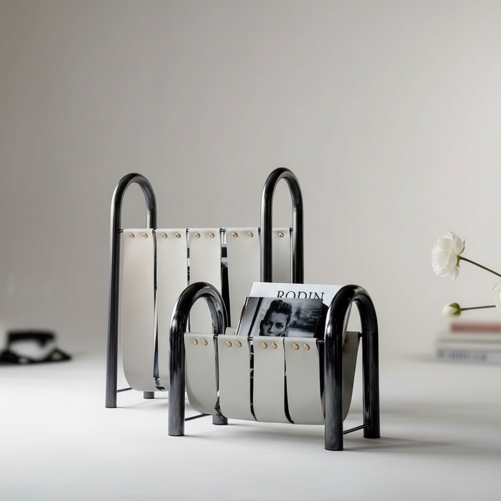 Two white leather magazine holders with black metal frames placed on a table in a cozy living area, with a glowing lamp and decorative flowers in the background.
