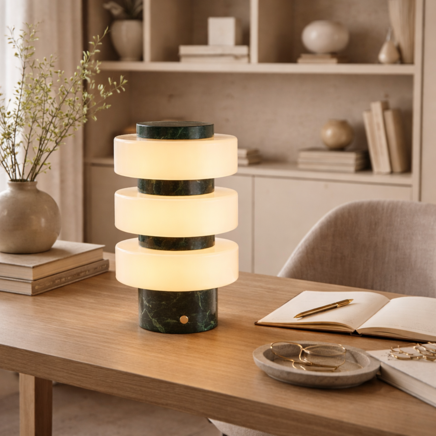 Modern table lamp with marble design on a wooden desk in a home office setting.