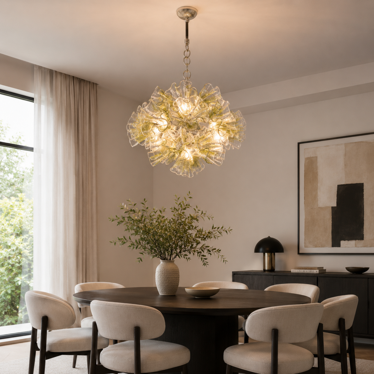 Dining room with a modern chandelier, round table, and chairs.