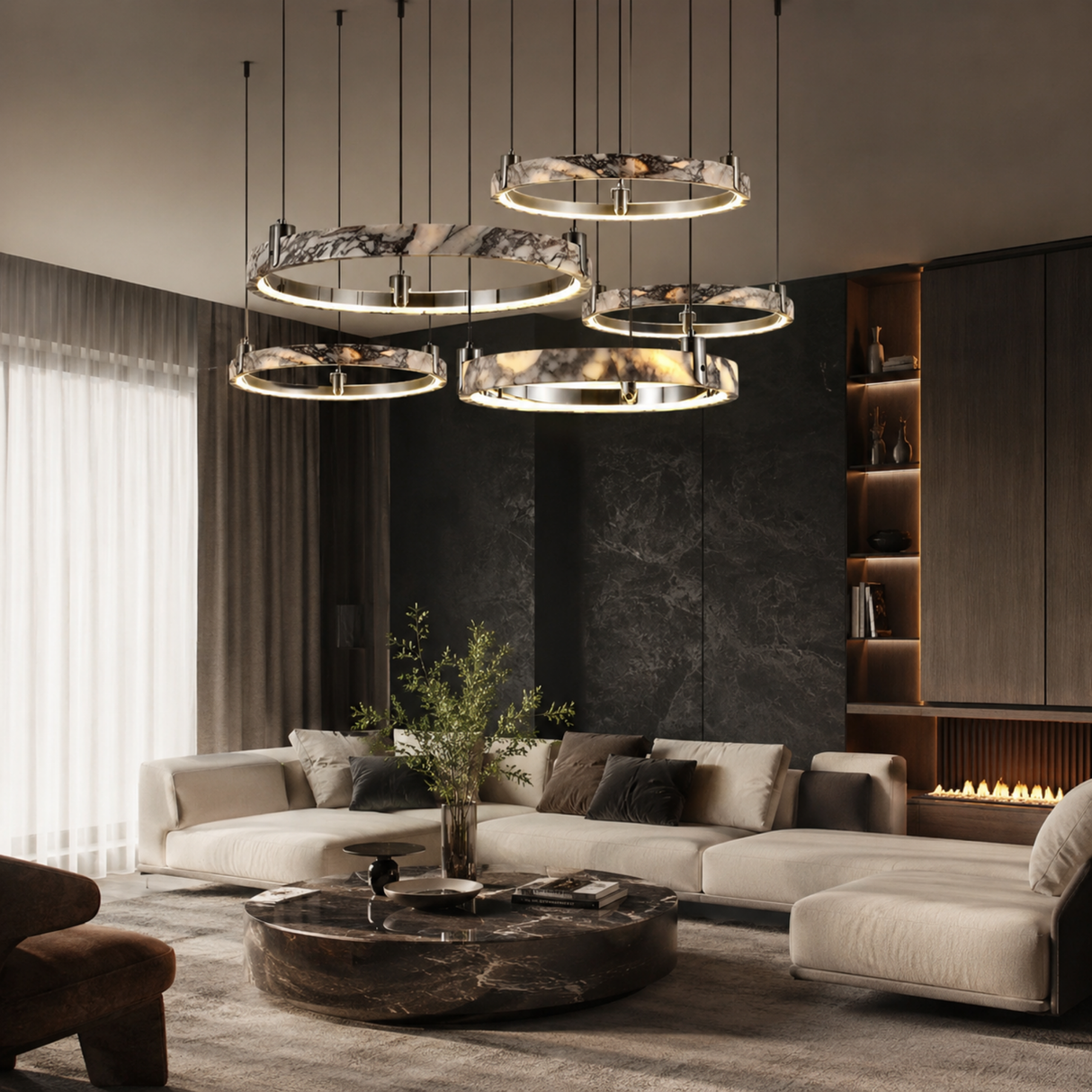 Modern living room with stylish furniture and lighting fixtures.