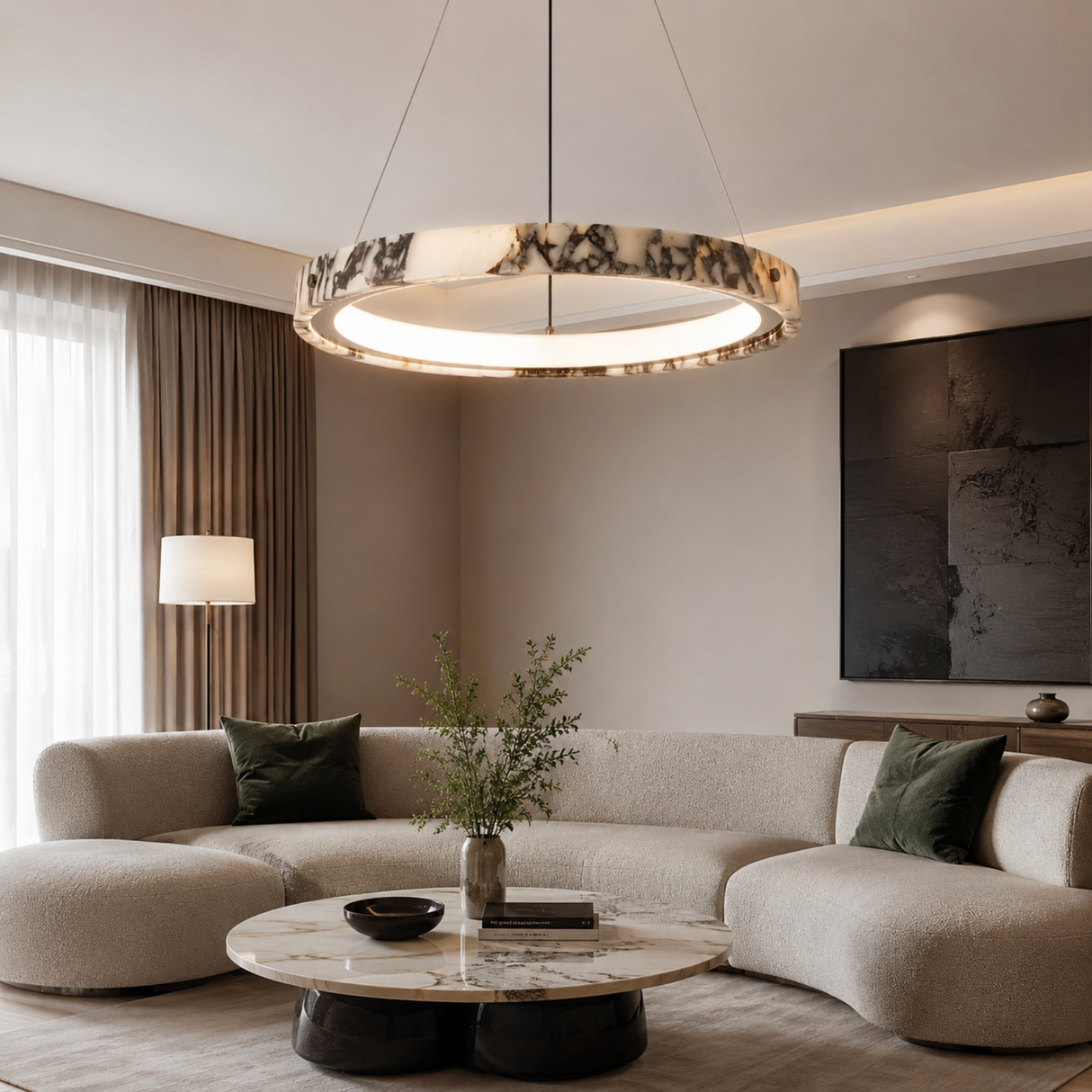Modern living room with a pendant light, sofa, and coffee table.