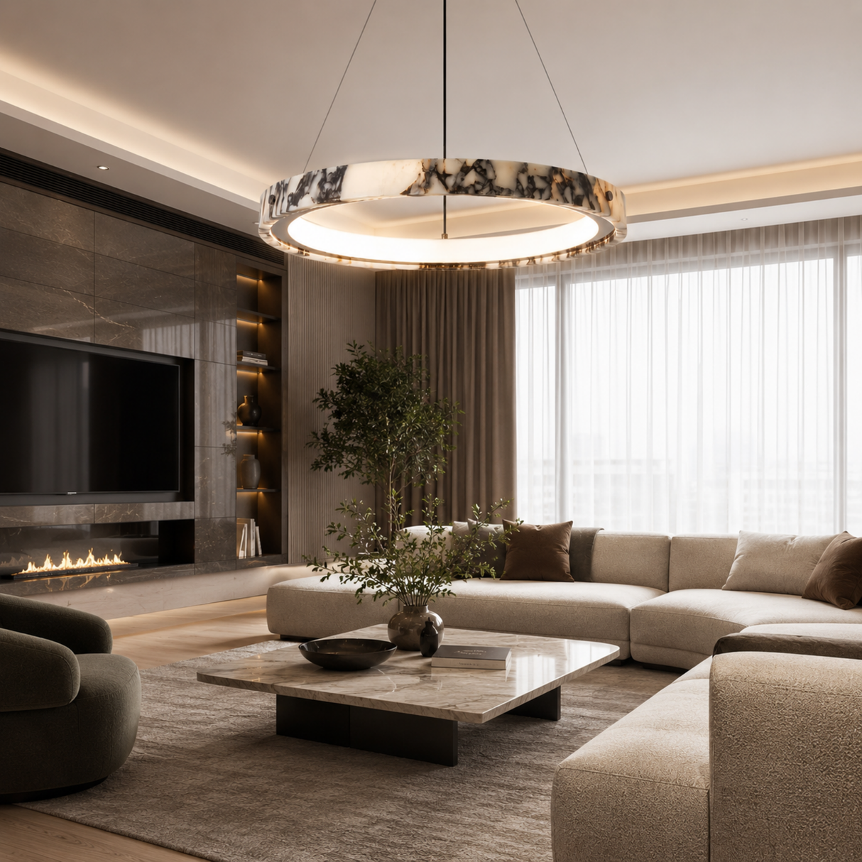 Modern living room with a beige sectional sofa, coffee table, and decorative elements.