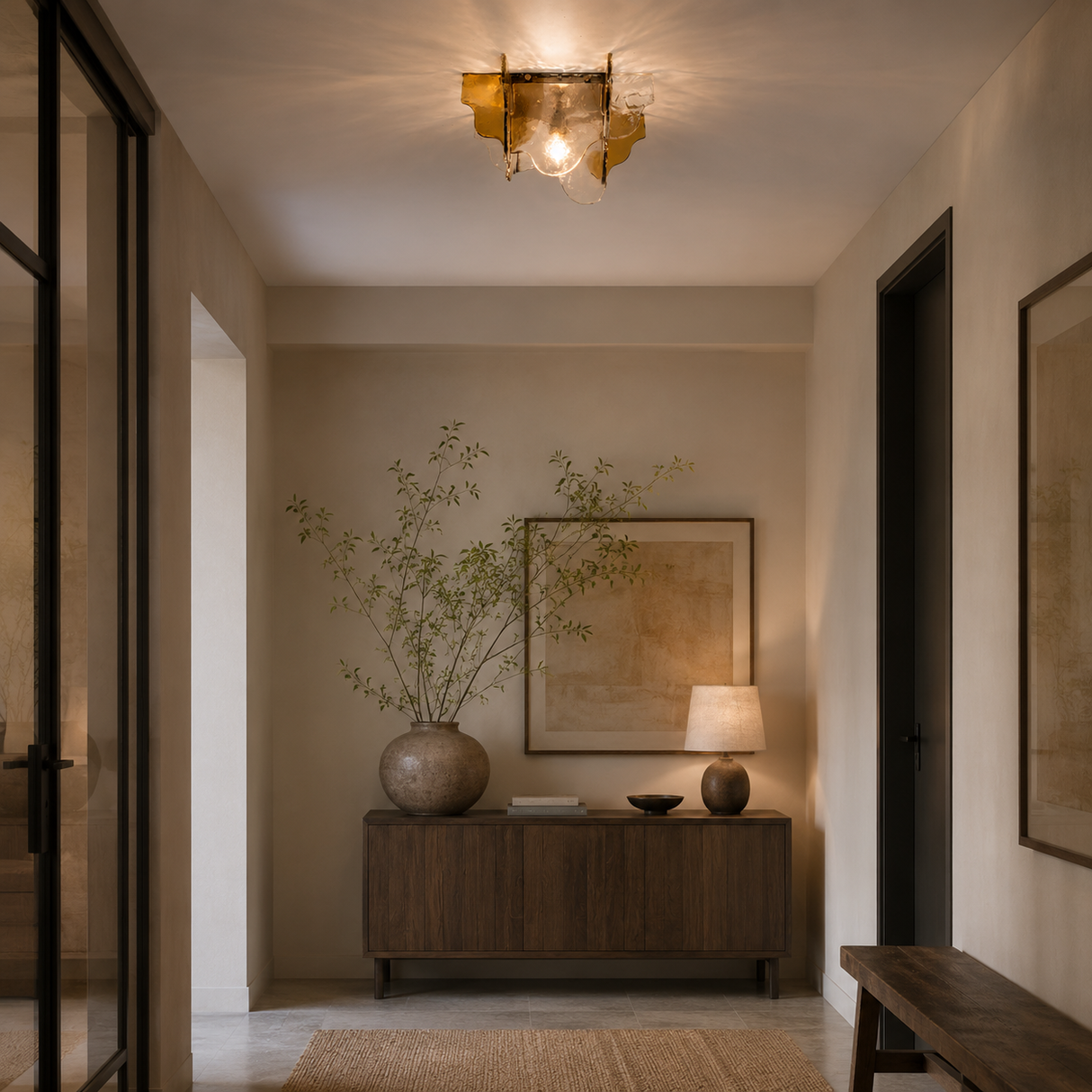 Modern interior hallway with a wooden console table, lamp, and decorative elements.