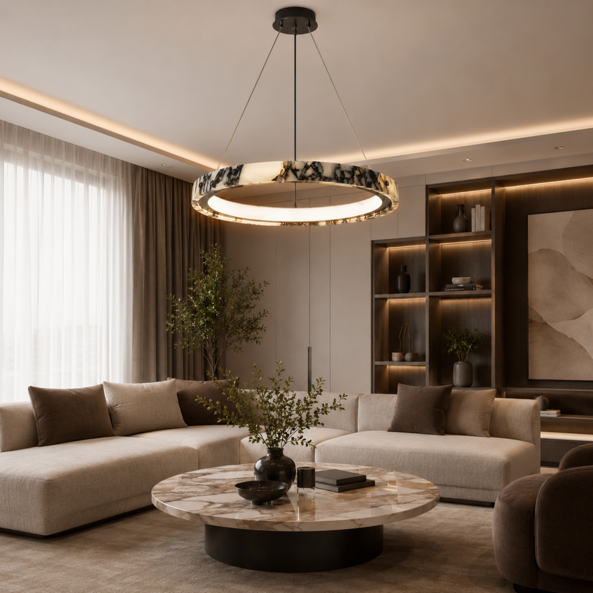 Modern living room with a chandelier, sofa, coffee table, and decorative elements.