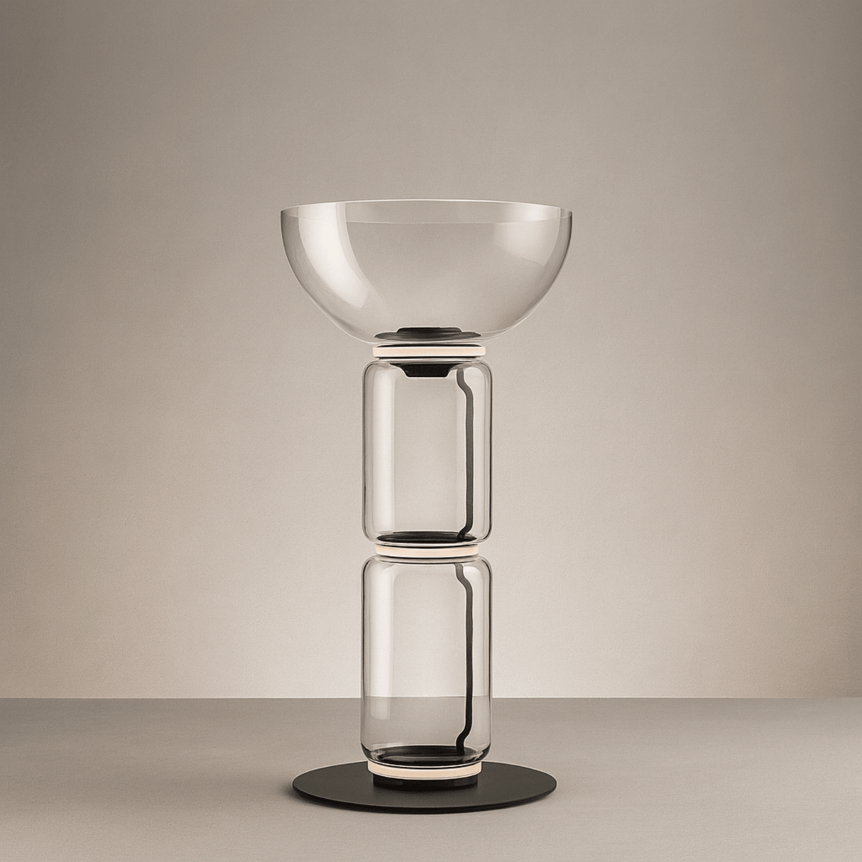 Modern glass table lamp with a beige background