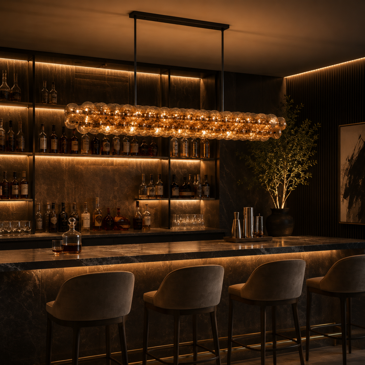 Modern bar with shelves, lights, and chairs in a dimly lit setting