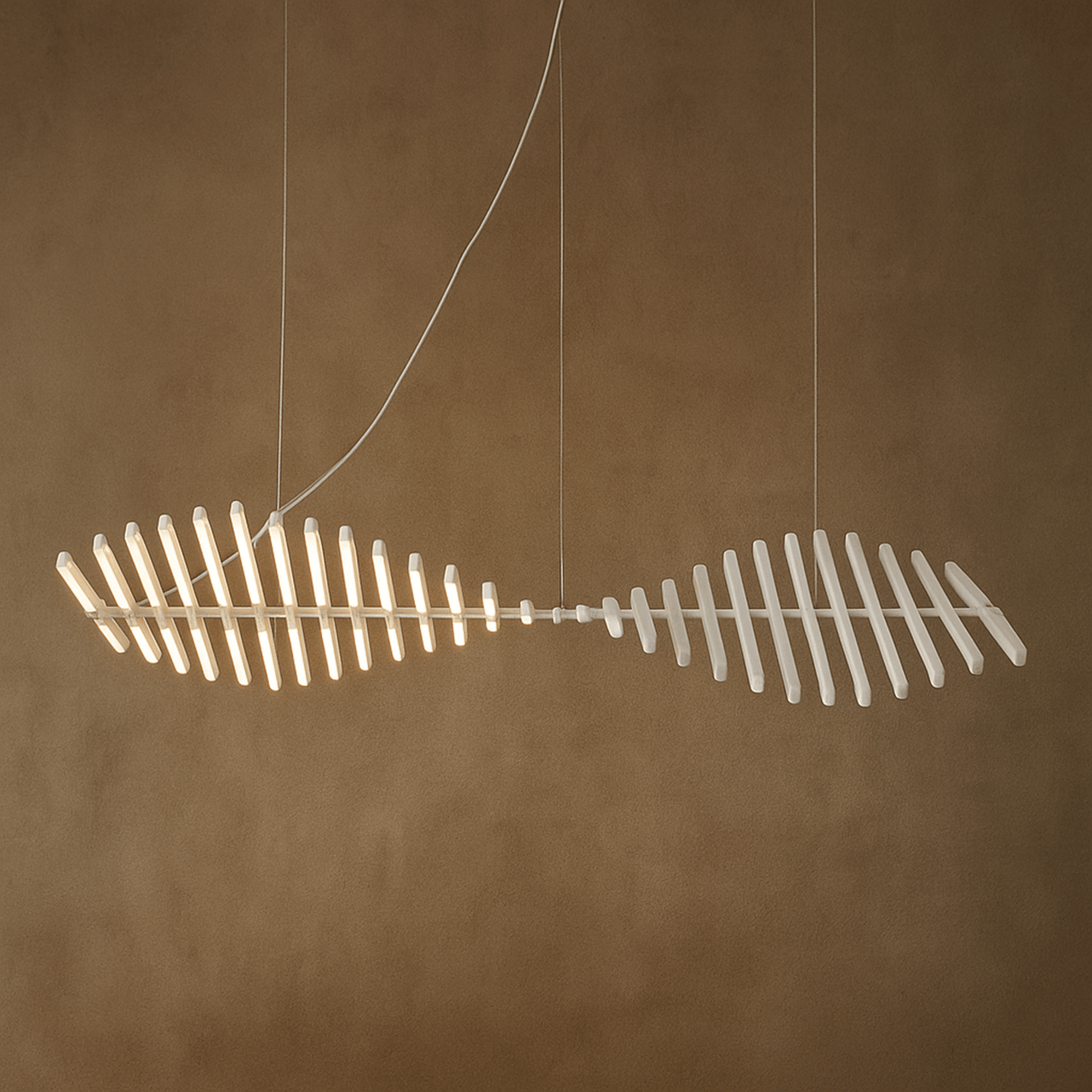 Fishtail-shaped light fixture on a brown background
