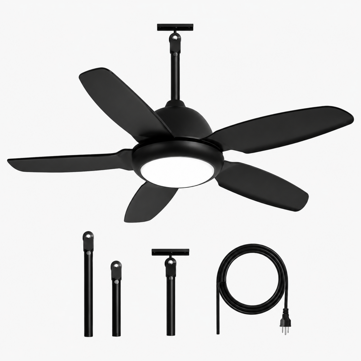 Black ceiling fan with included components on a white background