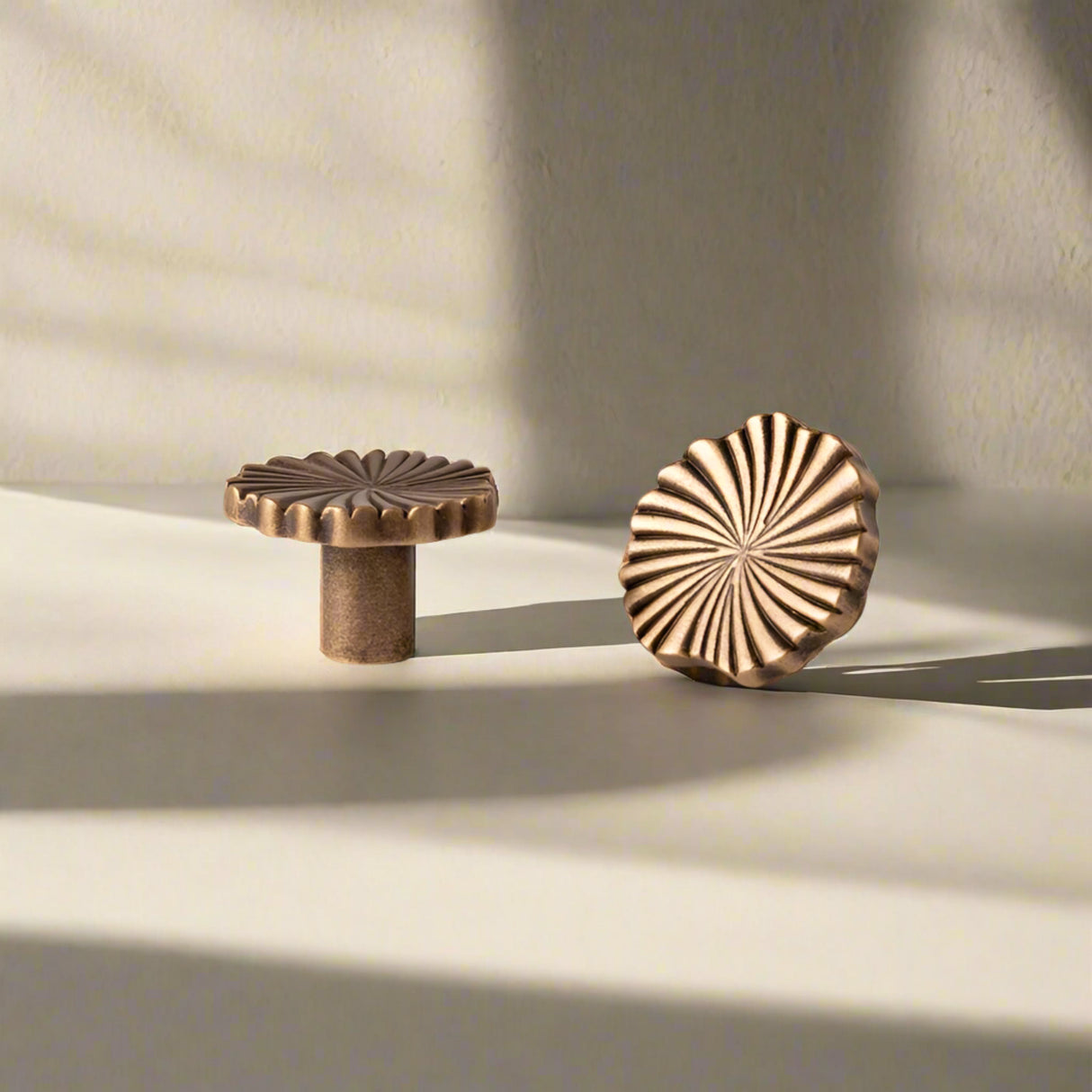 Two solid brass knobs with measurements on a beige background