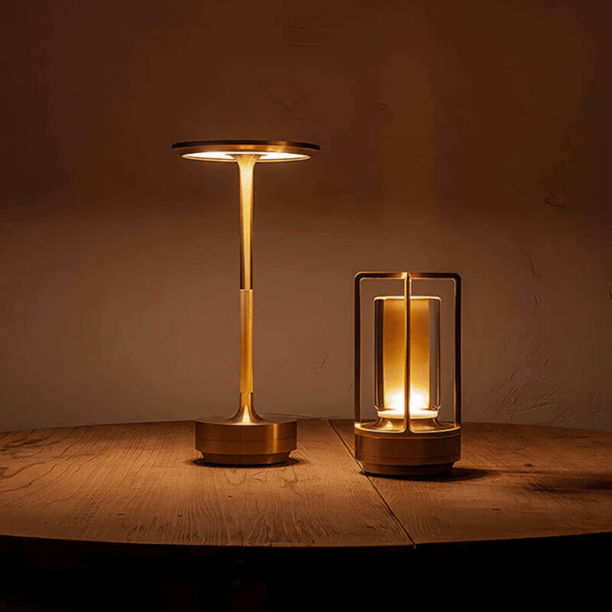 Two gold table lamps on a wooden surface with a warm glow.