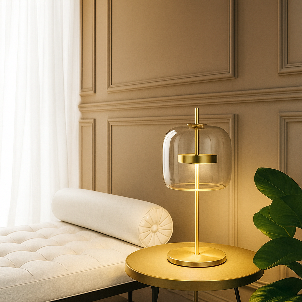 Modern gold table lamp on a round wooden side table with a beige wall and white cushion in the background.