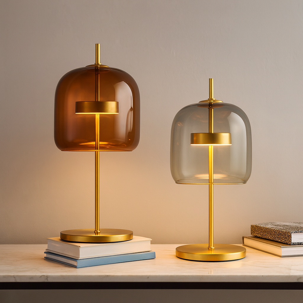 Two table lamps with gold bases and glass shades on a neutral background