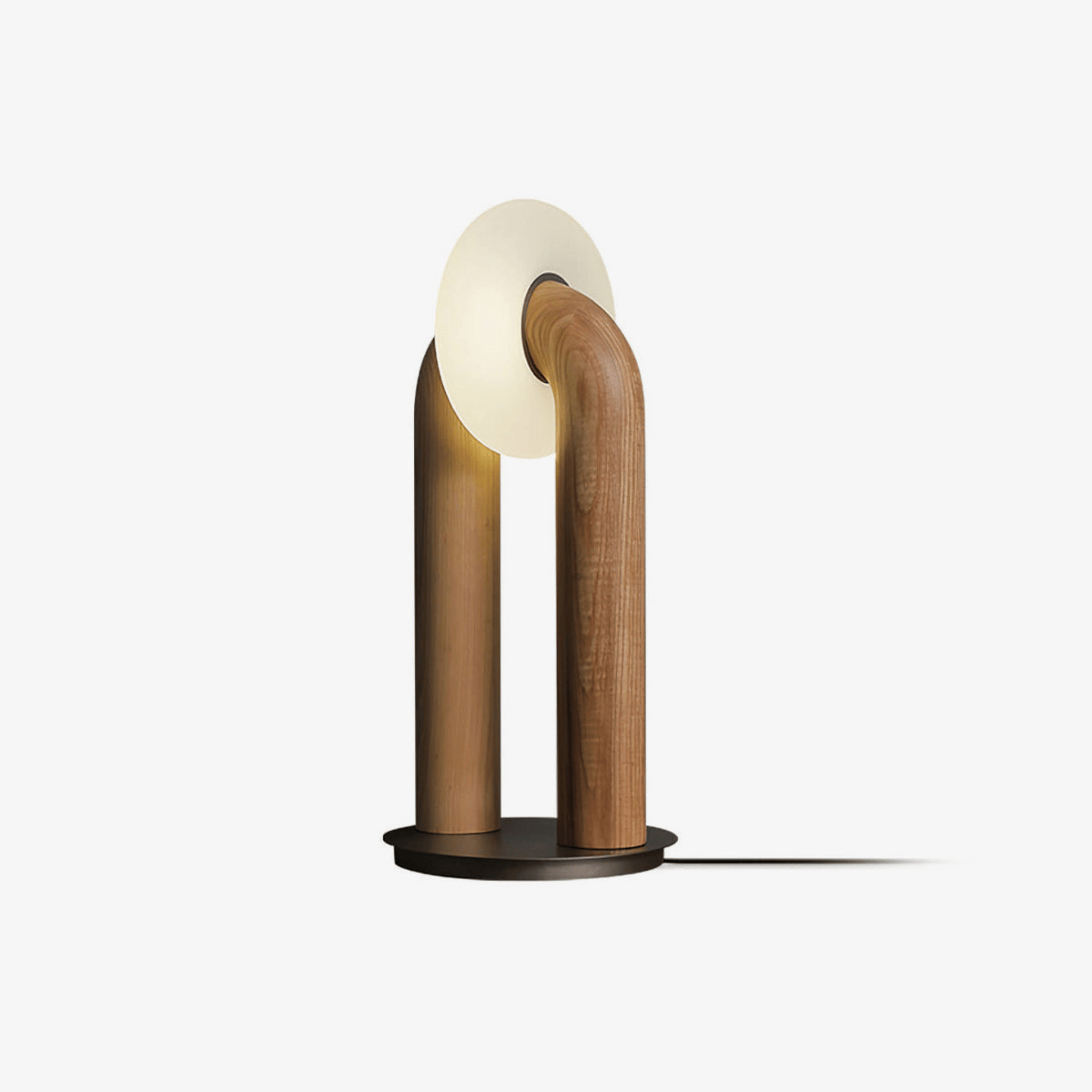 Modern table lamp with wooden base and white shade on a white background