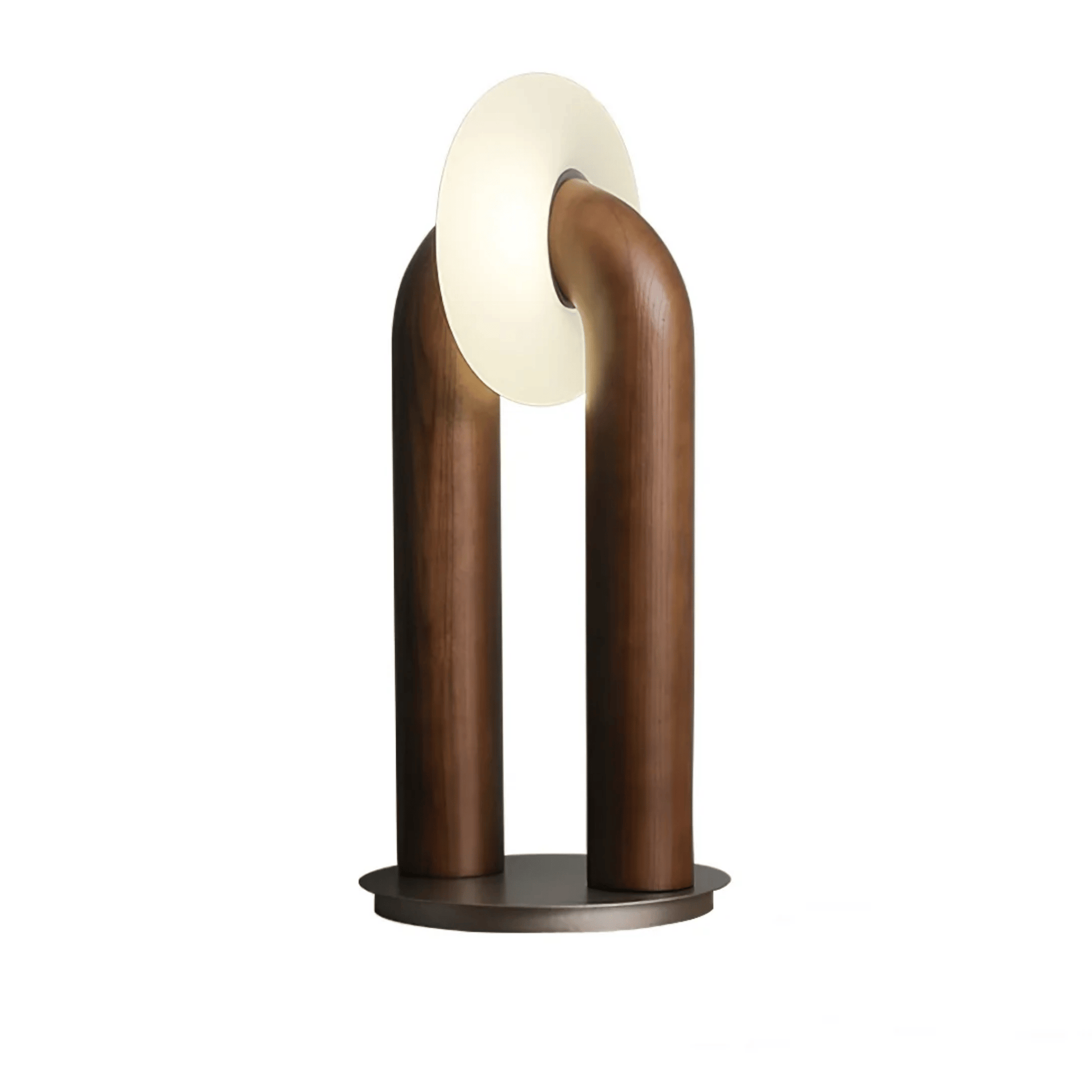 Modern table lamp with curved wooden design on a white background