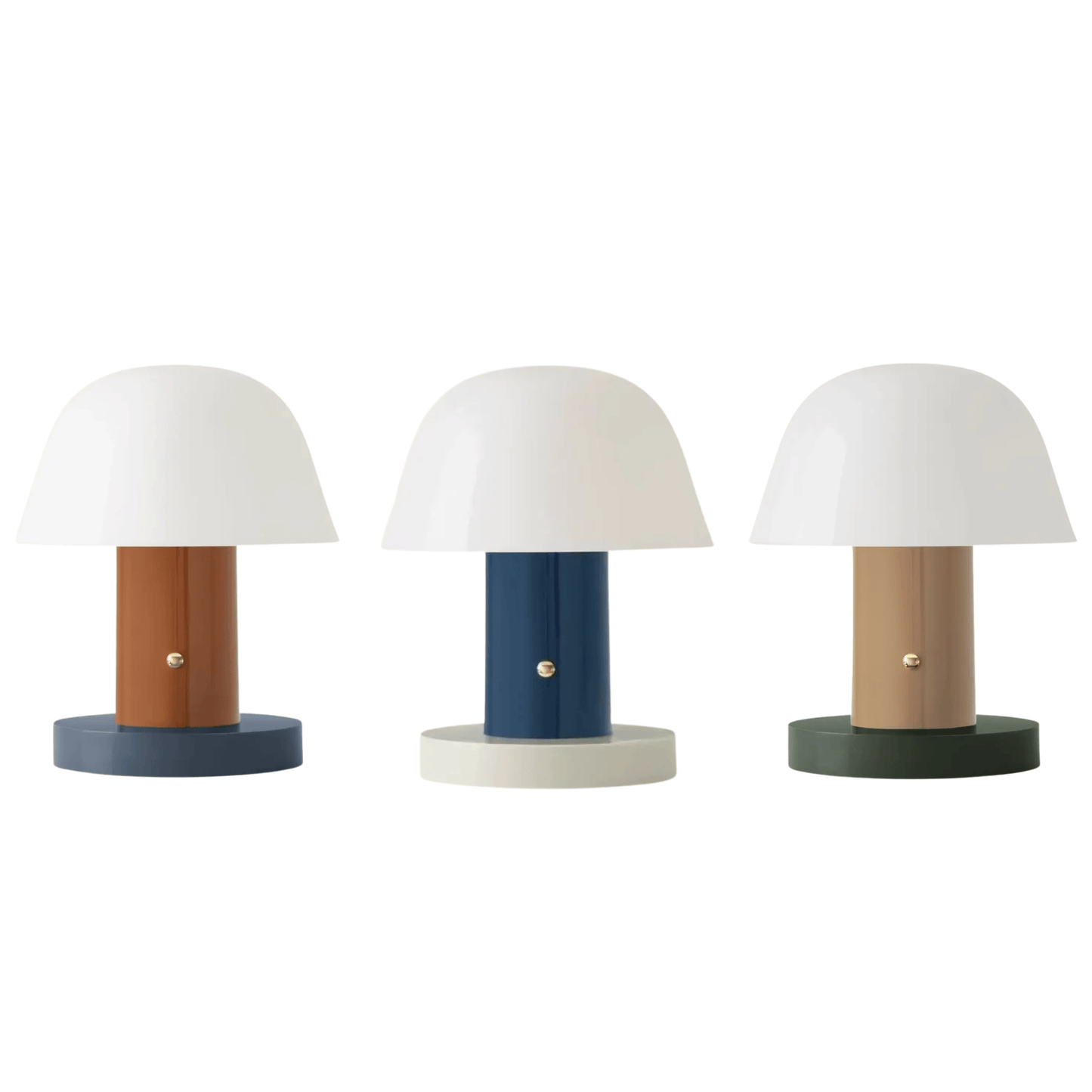 Three table lamps with different colored bases on a white background