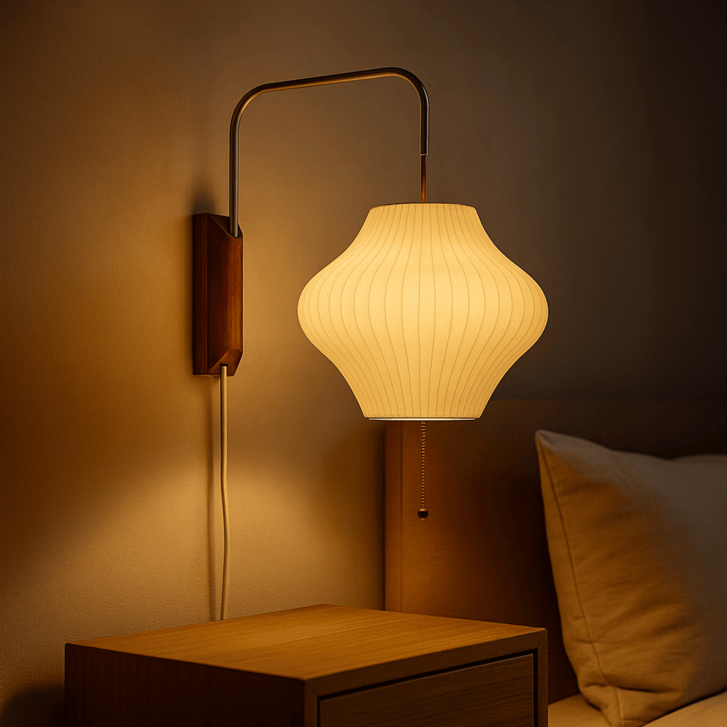 Wall-mounted lamp casting a warm glow on a wooden nightstand and cushioned chair.