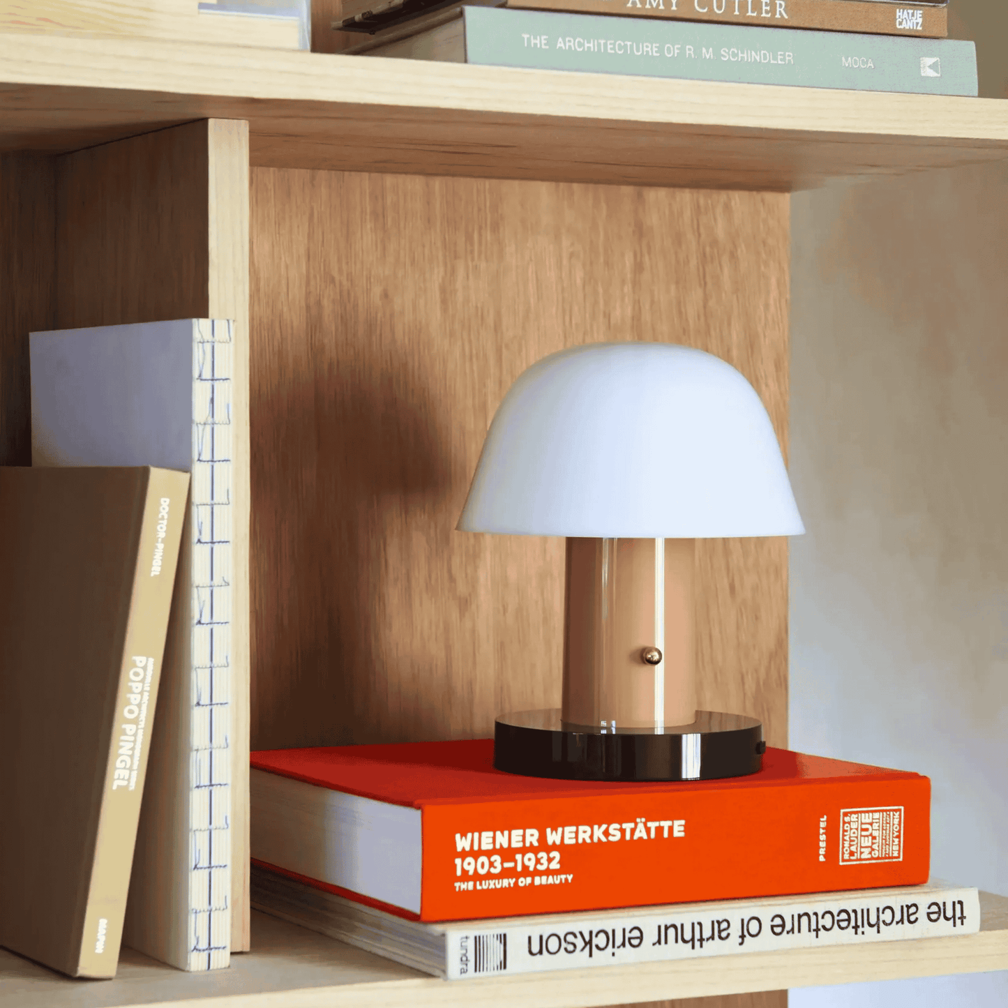 Table lamp on a book with a wooden shelf and books in the background