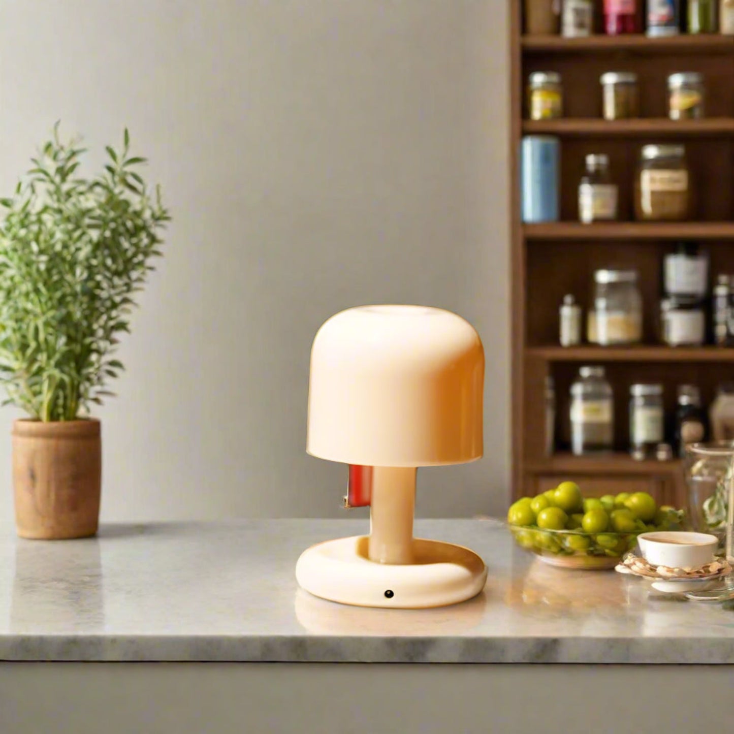 Table lamp on a marble surface with a plant and shelves in the background