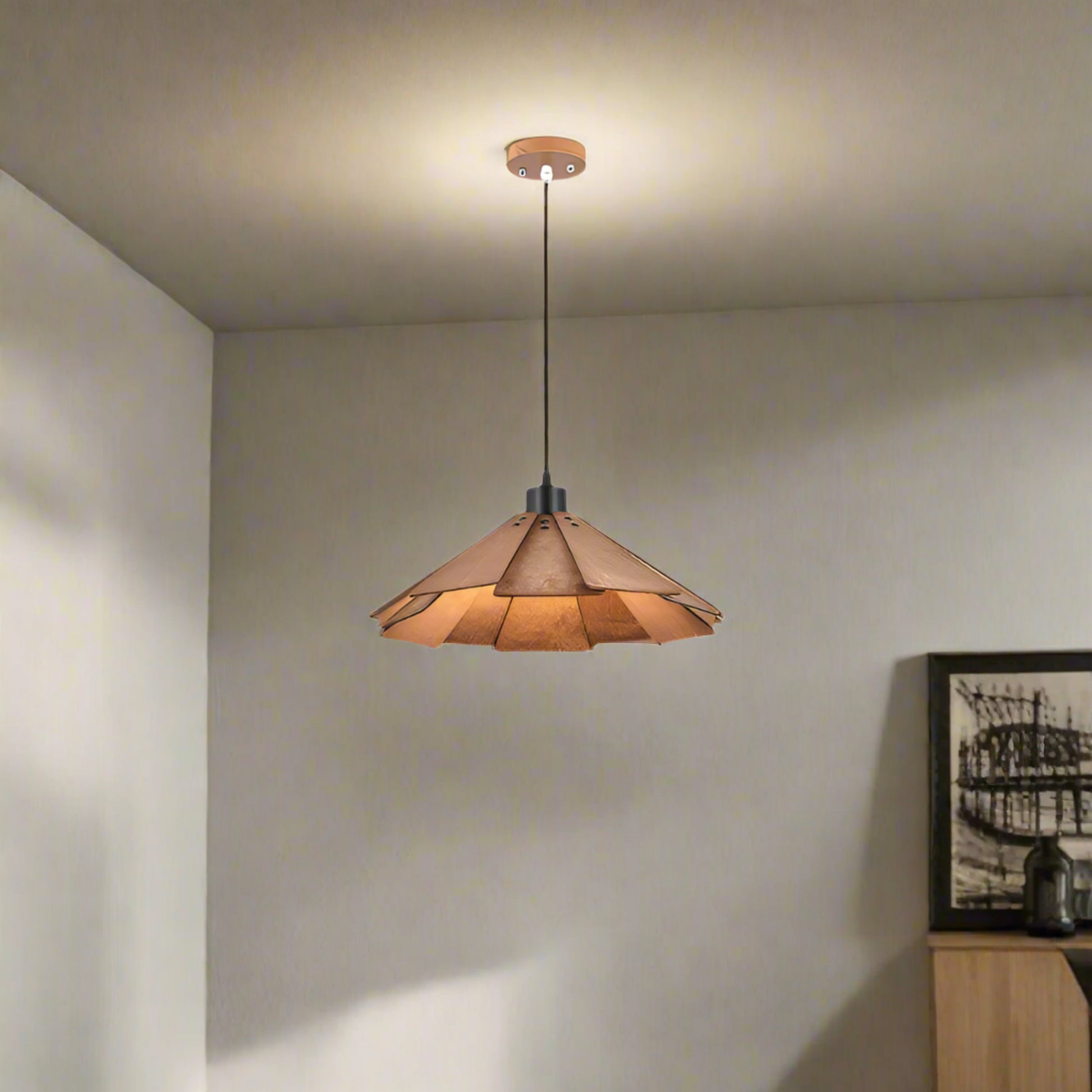 wooden Pendant lightin living room on a gray wall