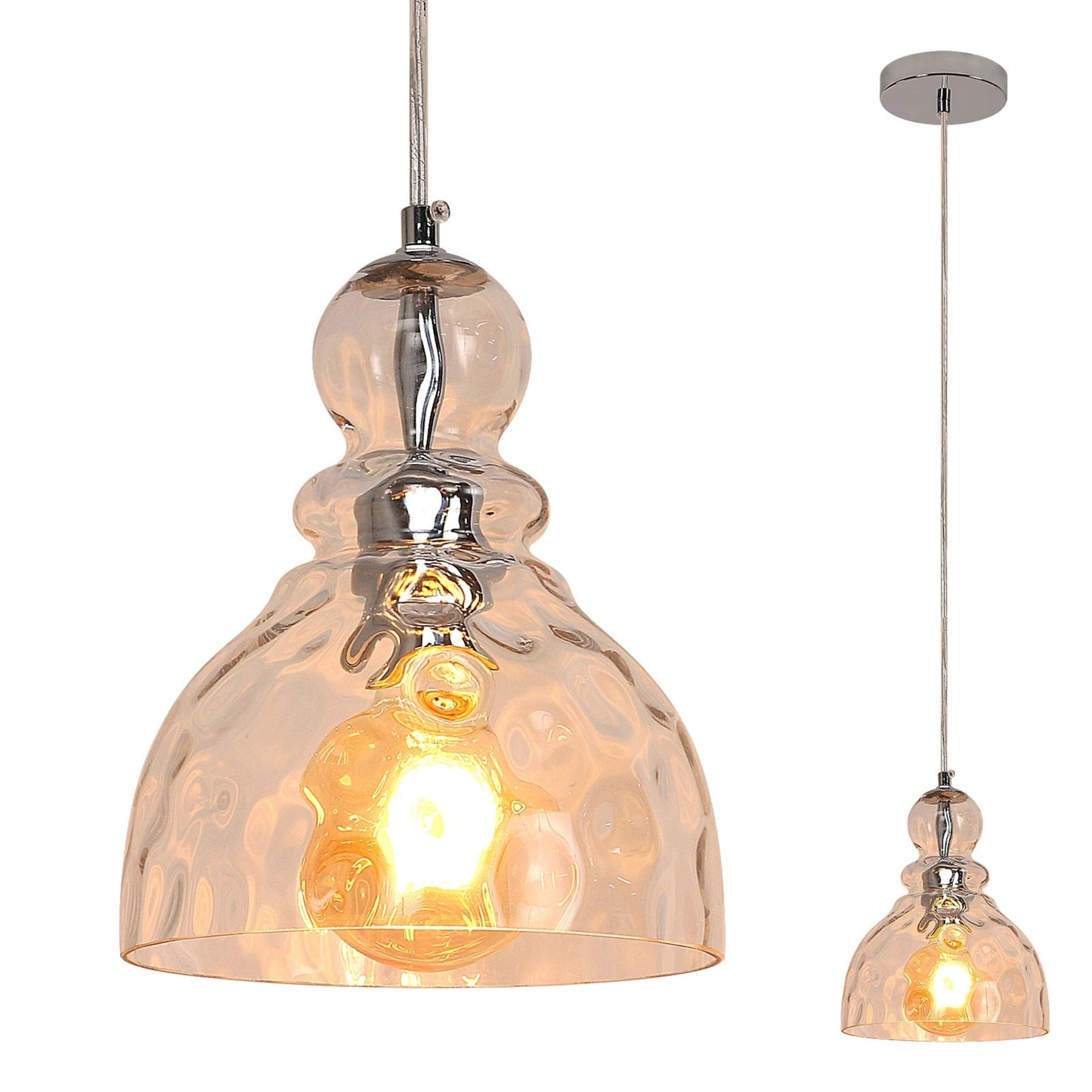 Two pendant lights with glass shades on a white background