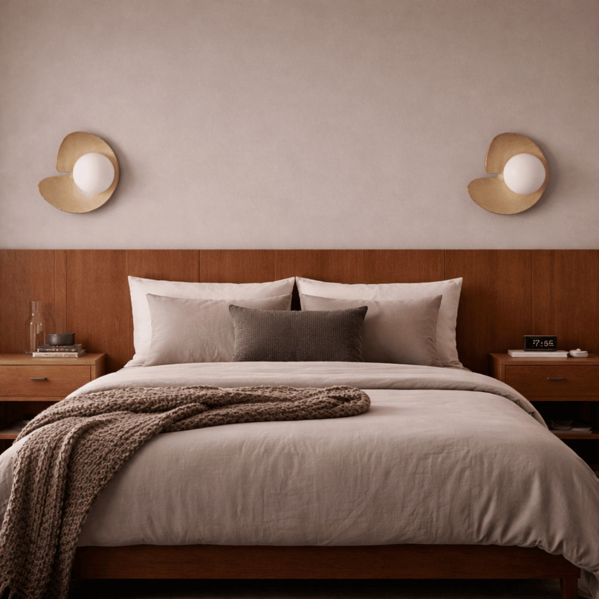 Neatly made bed with beige bedding and decorative pillows in a bedroom setting.