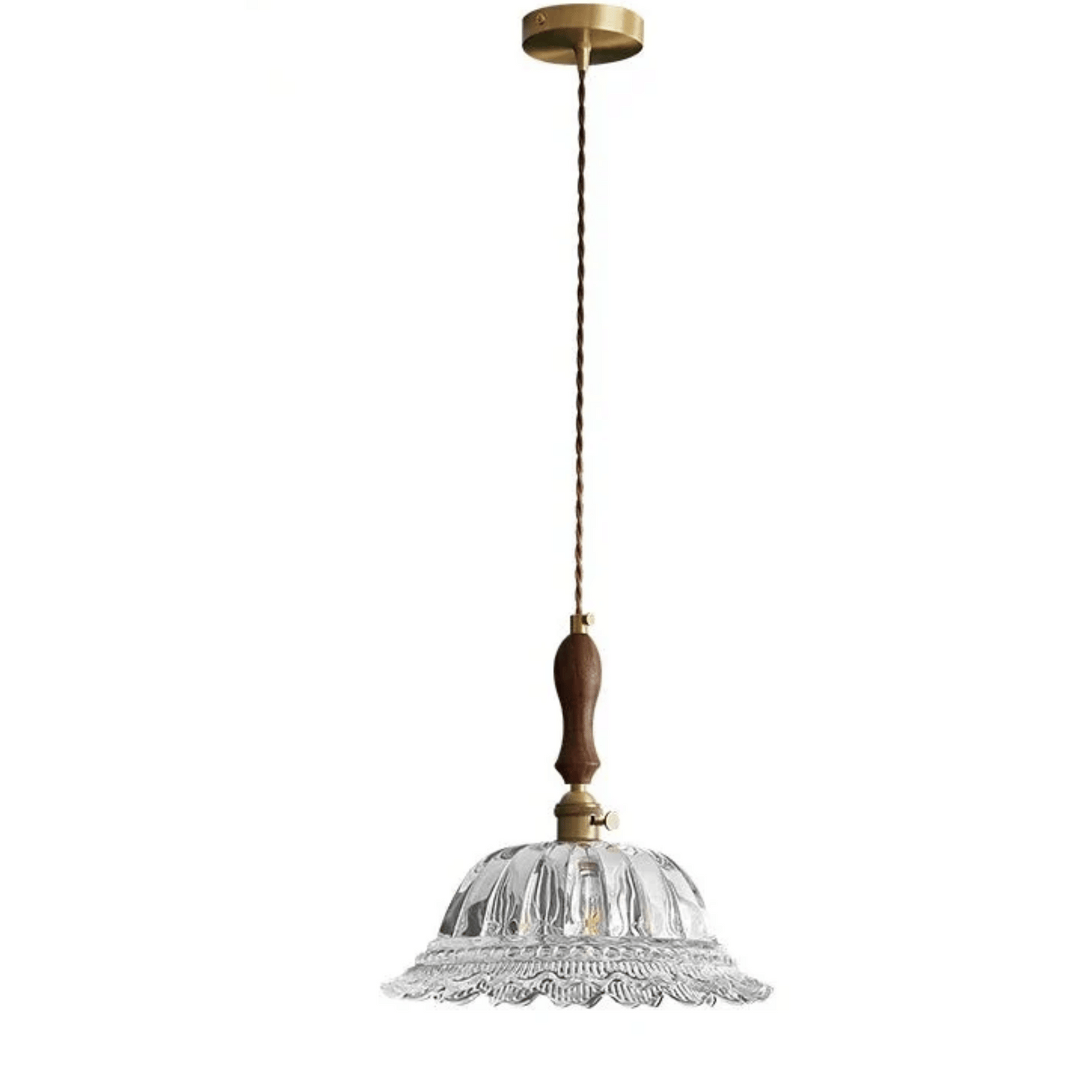 Pendant light with glass shade and wooden accent on a white background