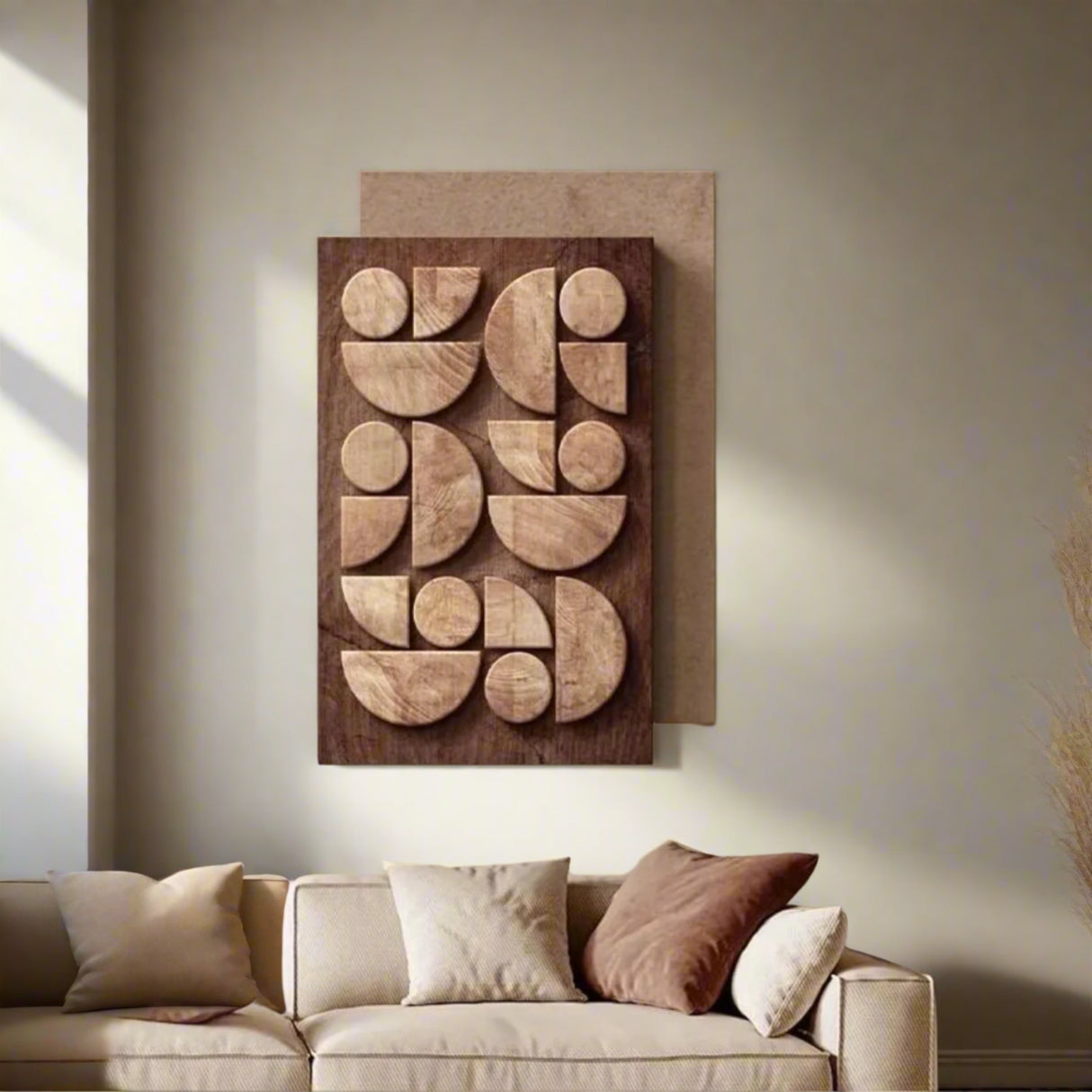 Wooden wall art with geometric shapes on a beige wall above a sofa.