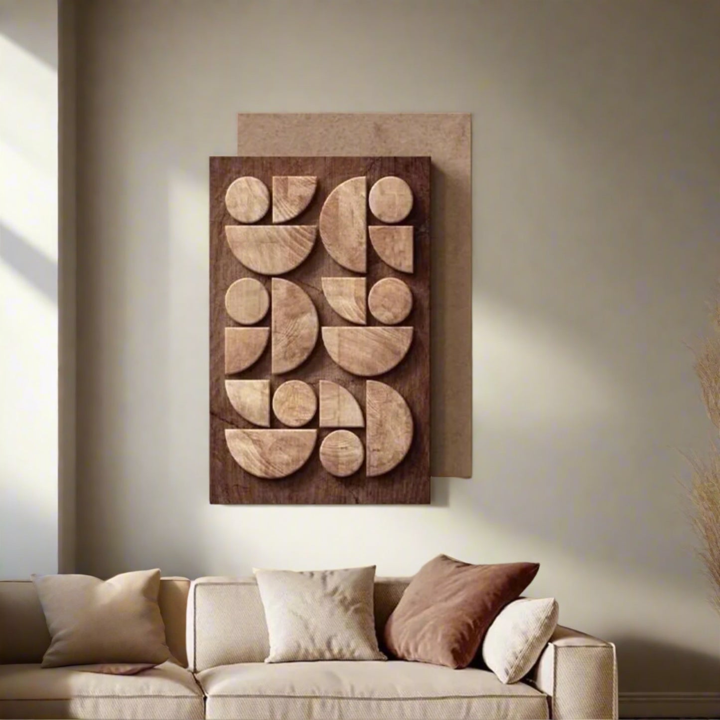 Wooden wall art with geometric shapes on a beige wall above a sofa.