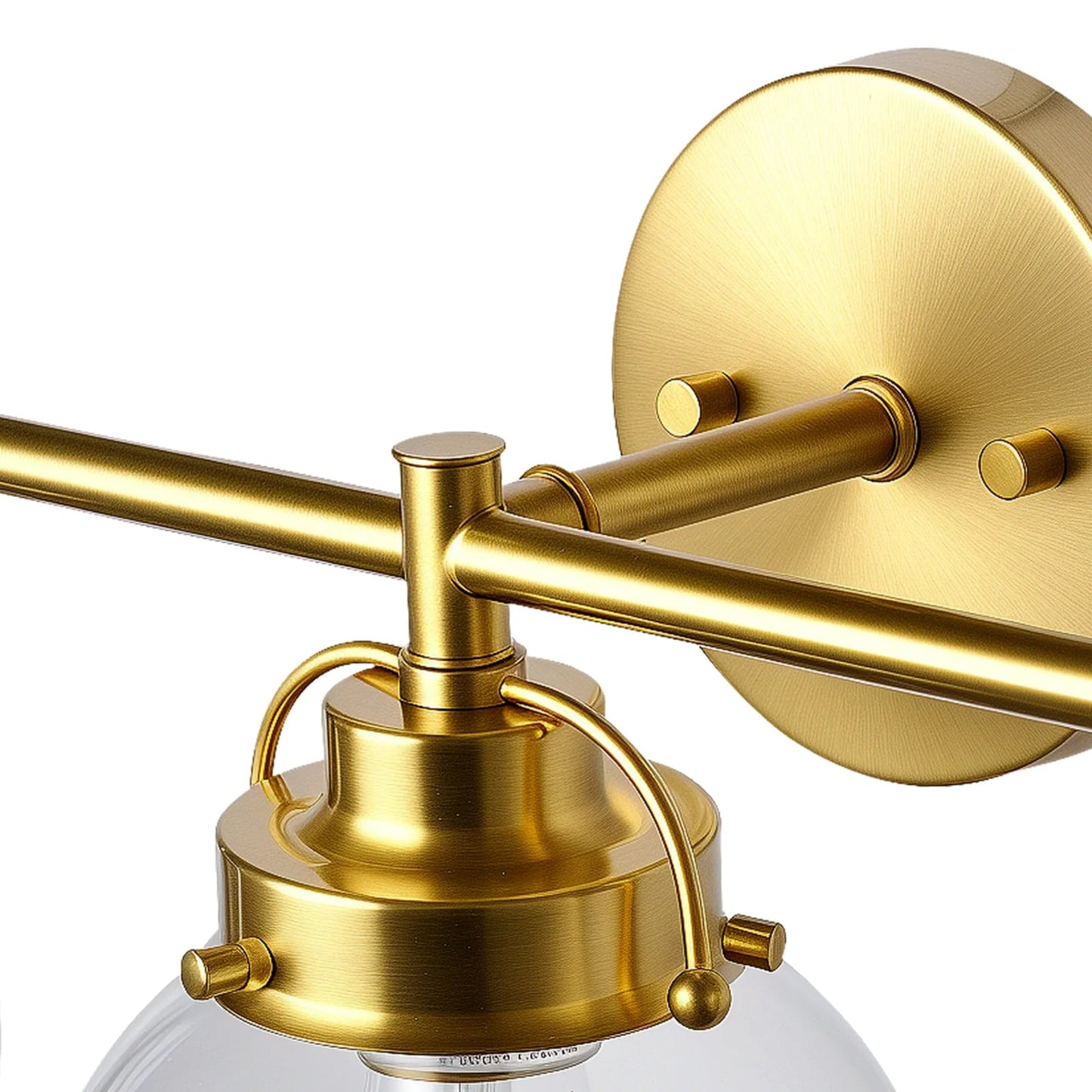 Gold wall-mounted lamp with a white glass shade on a white background