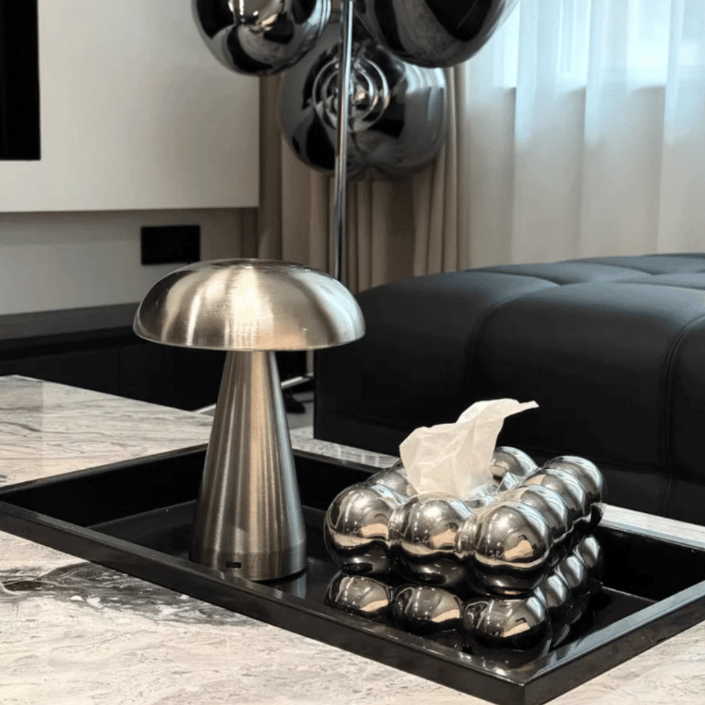 Stylish Glowshroom Retro Mushroom LED Table Lamp – Rechargeable Touch Sensor Light enhances any modern decor setting.